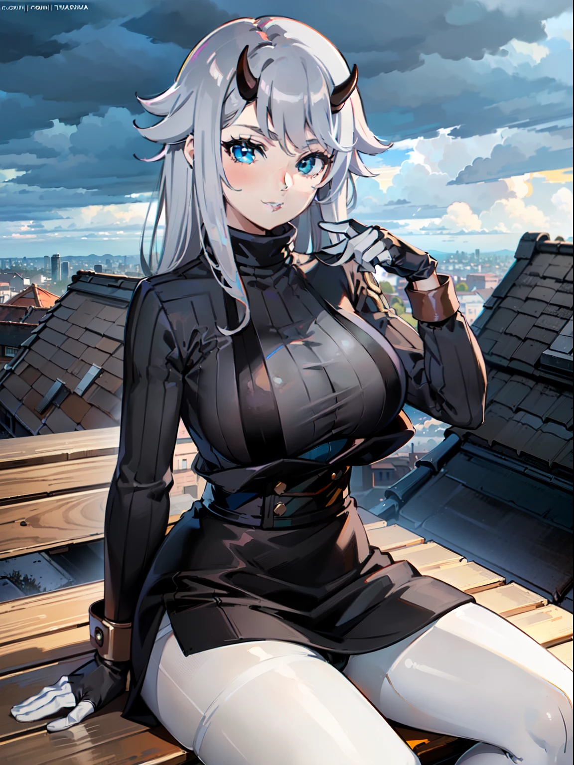 masterpiece, best quality, extremely detailed, 1girl, mature female, solo, shizuka, (gigantic breasts:1.2), (((grey hair, long hair, blue eyes))), parted lips, (((turtleneck sweater, long sleeves, black gloves, medium black skirt, white pantyhose))), ((light smile), closed mouth), ((sitting on the bench, rooftop, storm clouds))