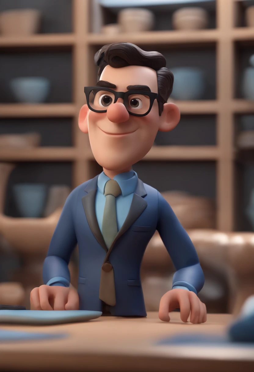 Cartoon character of a man wearing black glasses and a blue shirt, um personagem animado, Caractere estilizado, animation style rendering, 3D estilizado, Arnold Maya render, 3 d render stylized, toon render keyshot, Personagem 3D, Personagem 3D, 3d rendering stylized, 3 d character render, personagem de desenho animado, Personagem de close up, Pose de personagem, (Estilo Pixar) (master part:1.2) (Bokeh) (best quality) (pele detalhada) (textura detalhada) (8k) (argila) (Cinematic lighting) (foco nítido，Senta e vaza a parte superior do corpo