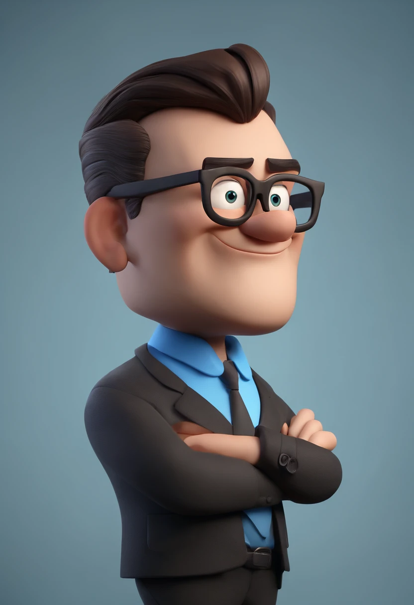 Cartoon character of a man wearing black glasses and a blue shirt, um personagem animado, Caractere estilizado, animation style rendering, 3D estilizado, Arnold Maya render, 3 d render stylized, toon render keyshot, Personagem 3D, Personagem 3D, 3d rendering stylized, 3 d character render, personagem de desenho animado, Personagem de close up, Pose de personagem, (Estilo Pixar) (master part:1.2) (Bokeh) (best quality) (pele detalhada) (textura detalhada) (8k) (argila) (Cinematic lighting) (foco nítido，Senta e vaza a parte superior do corpo