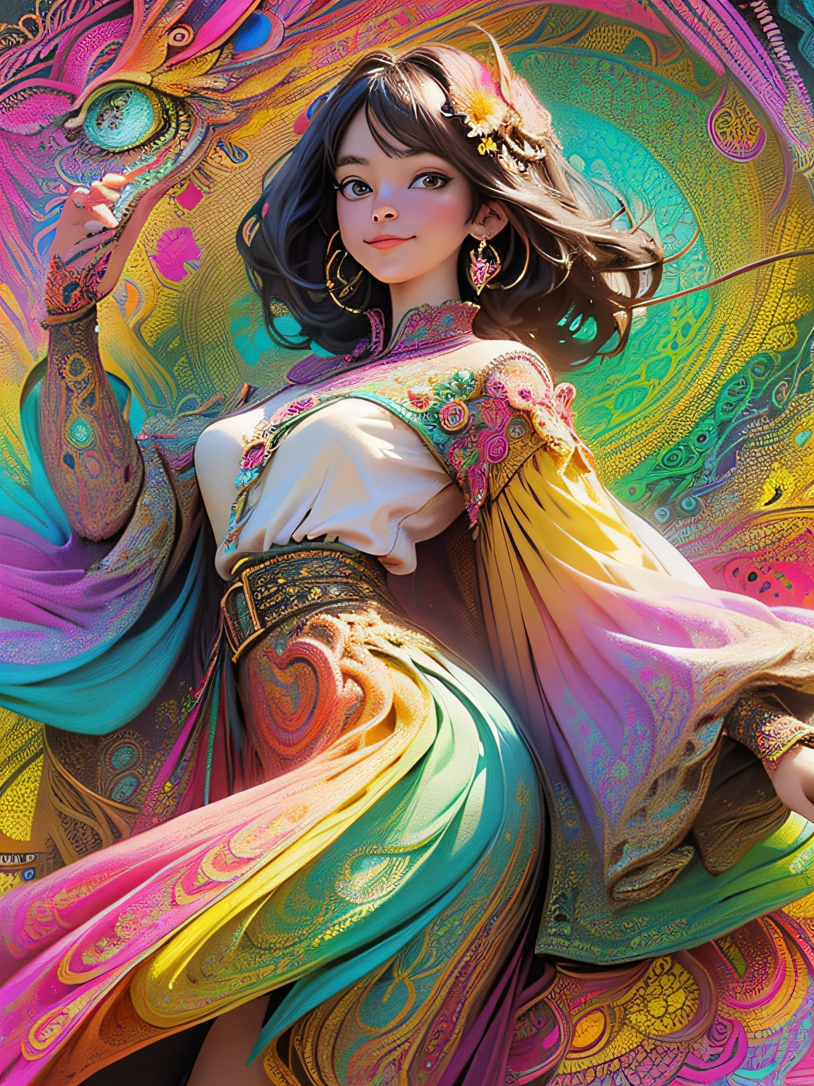 (masterpiece、top-quality、top-quality、Official Art、Beautifully Aesthetic:1.2)、(1girl in:1.3)、ighly detailed、(Fractal art:1.2)、colourfull、highestdetailed、(Zentangle:1.2)、(dynamicposes)、(abstract background:1.5)、(Congressional Dresses:1.2)、(shinny skin)、(many colors:1.4)、The upper part of the body、great laughter、