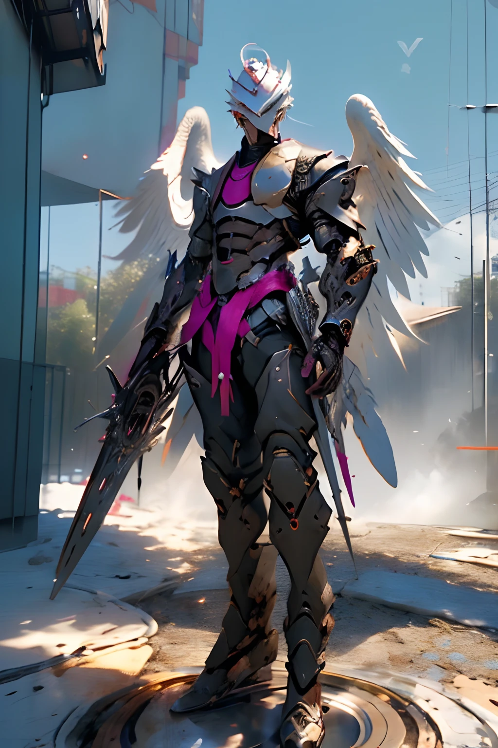(((St. Michael the Archangel.))) ((( With a serious face))) (obra prima, qualidade superior, melhor qualidade, Arte Oficial, Beautiful and Aesthetic: 1.2), extremamente detalhado, (Arte Fractal: 1.3), Colouring, mais alto detalhado, rosto perfeito, parte superior do corpo, HDR, (Rezando: 1.3), (Trilhas luminosas: 1.2), Cores vibrantes,