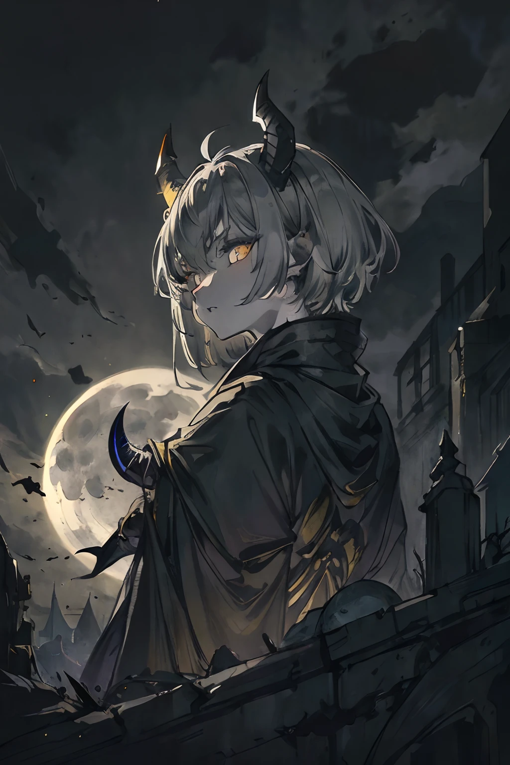 ((best quality, masterwork)) Gargoyle, humanoid, grey skin, grey tint, dark night, yellow eyes, glowing eyes, female, stone skin, black robes, short hair, gothic style, moon, gothic house, large horns, cracks in skin