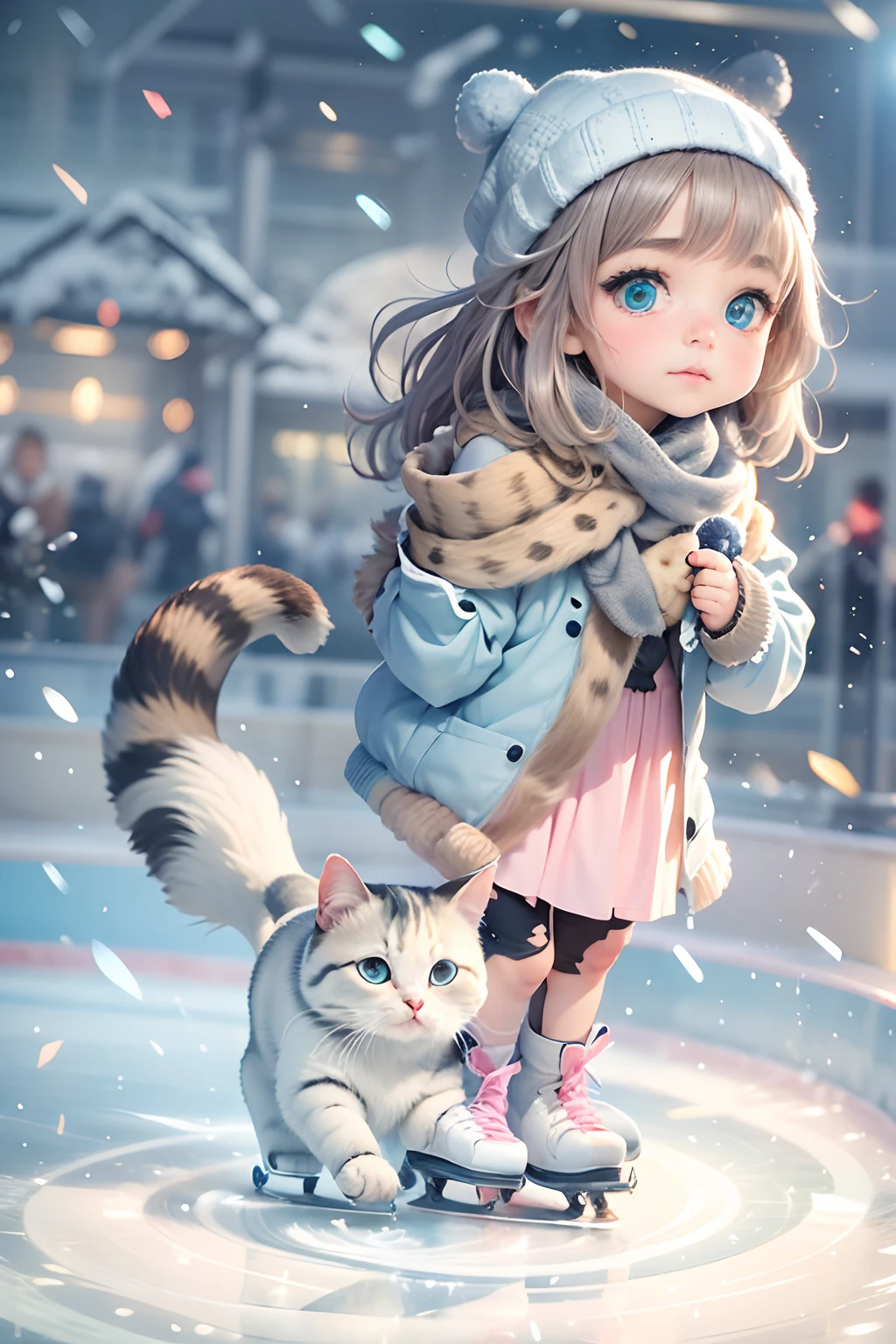 A girl and a cute kitten with round eyes, Ice skating at the ice rink.