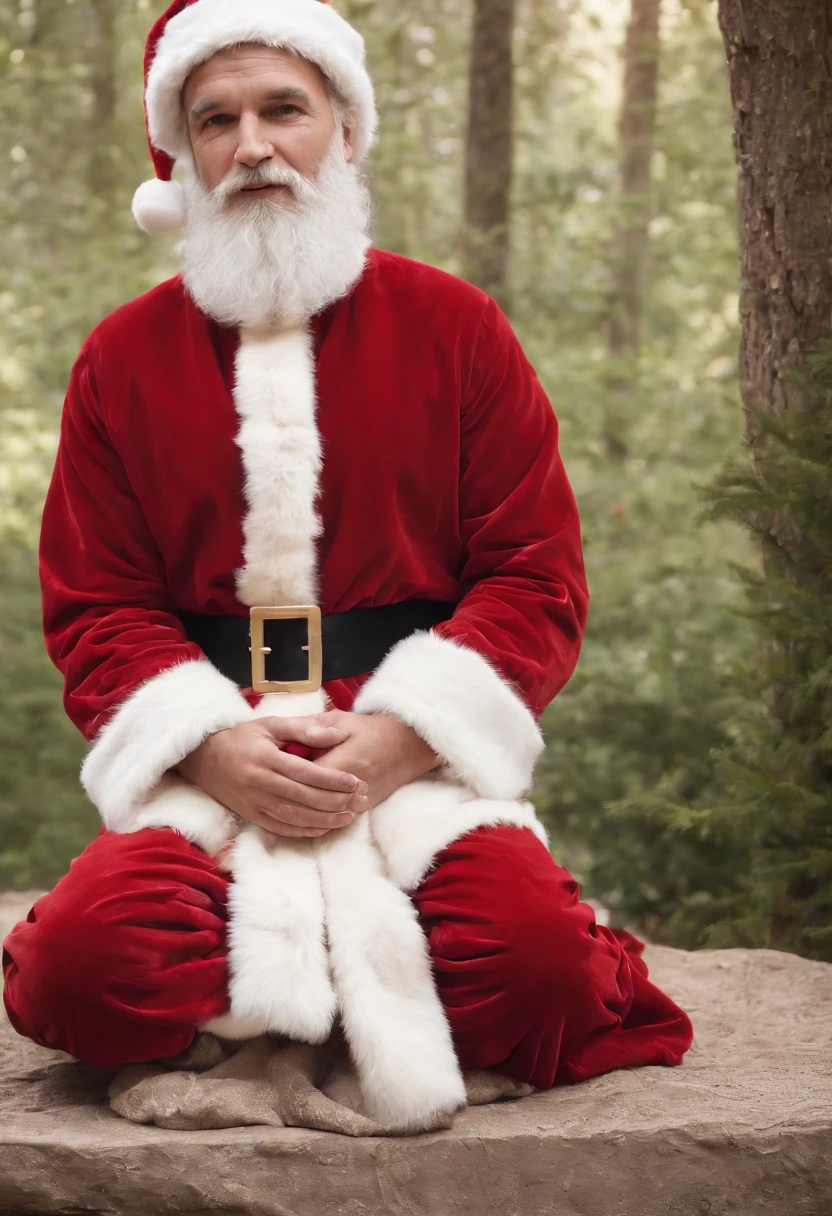 Santa Claus giving a card to a man who is in an armchair with his legs on the table and with very long toenails