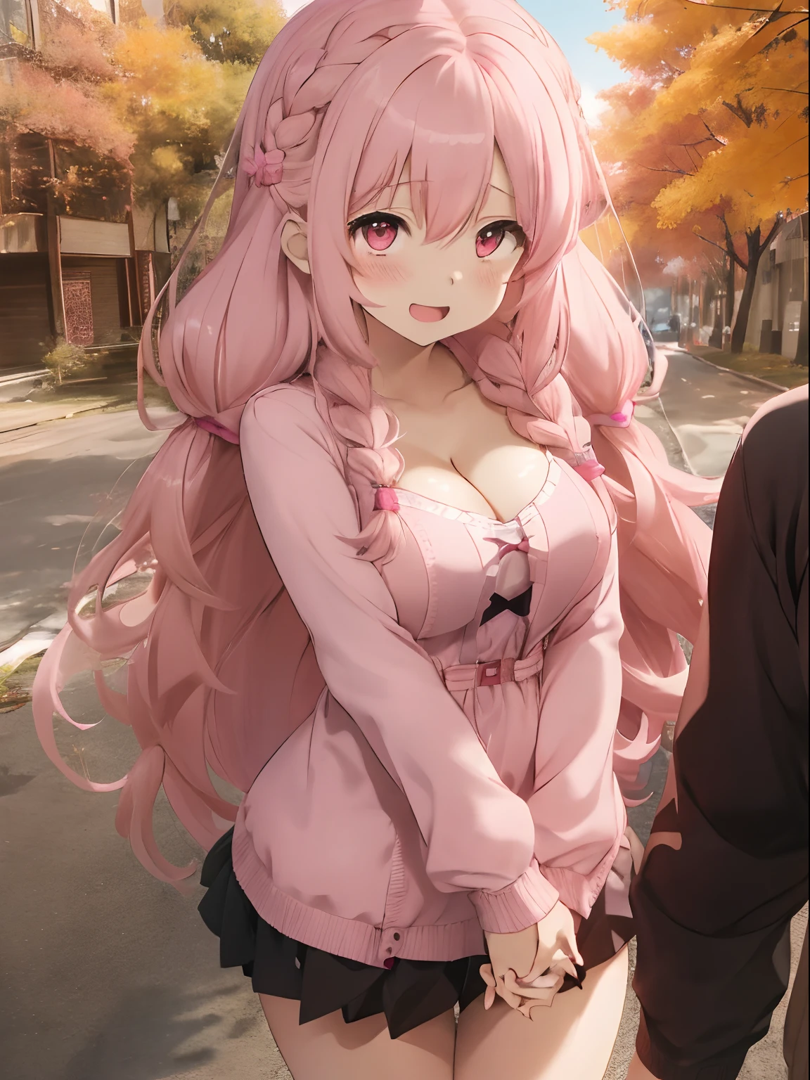 Fluffy long hair,Light pink hair,Katyusha,Braids,Autumn outfit,Short clothes that show your buttocks,The sleeves of the clothes are a little long,I see a little cleavage,Moe Sleeve,Dating,It's buggy,Blushing with embarrassment,Happy expression on face,Holding hands,Arms crossed,Flirting with their bodies in close contact