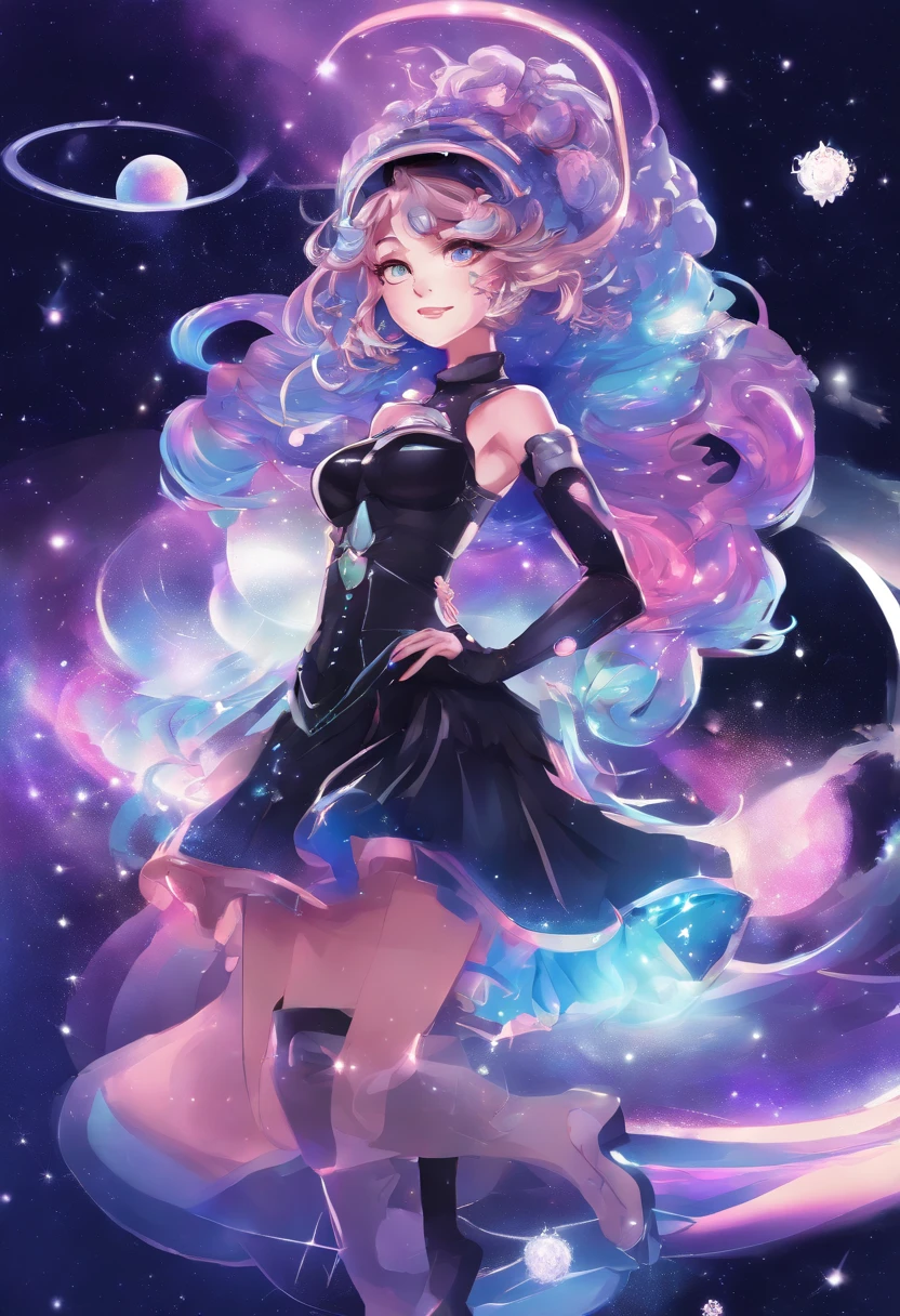 cartoon girl with a halo and a black dress, concept art inspired by Yuki Ogura, tumblr, digital art, anime girl with cosmic hair, girl in space, cosmic girl, galactic goddess, anime girl wearing a black dress, madeline from celeste, in a space starry, wearing a dress made of stars, space molly, full body portrait of a short!