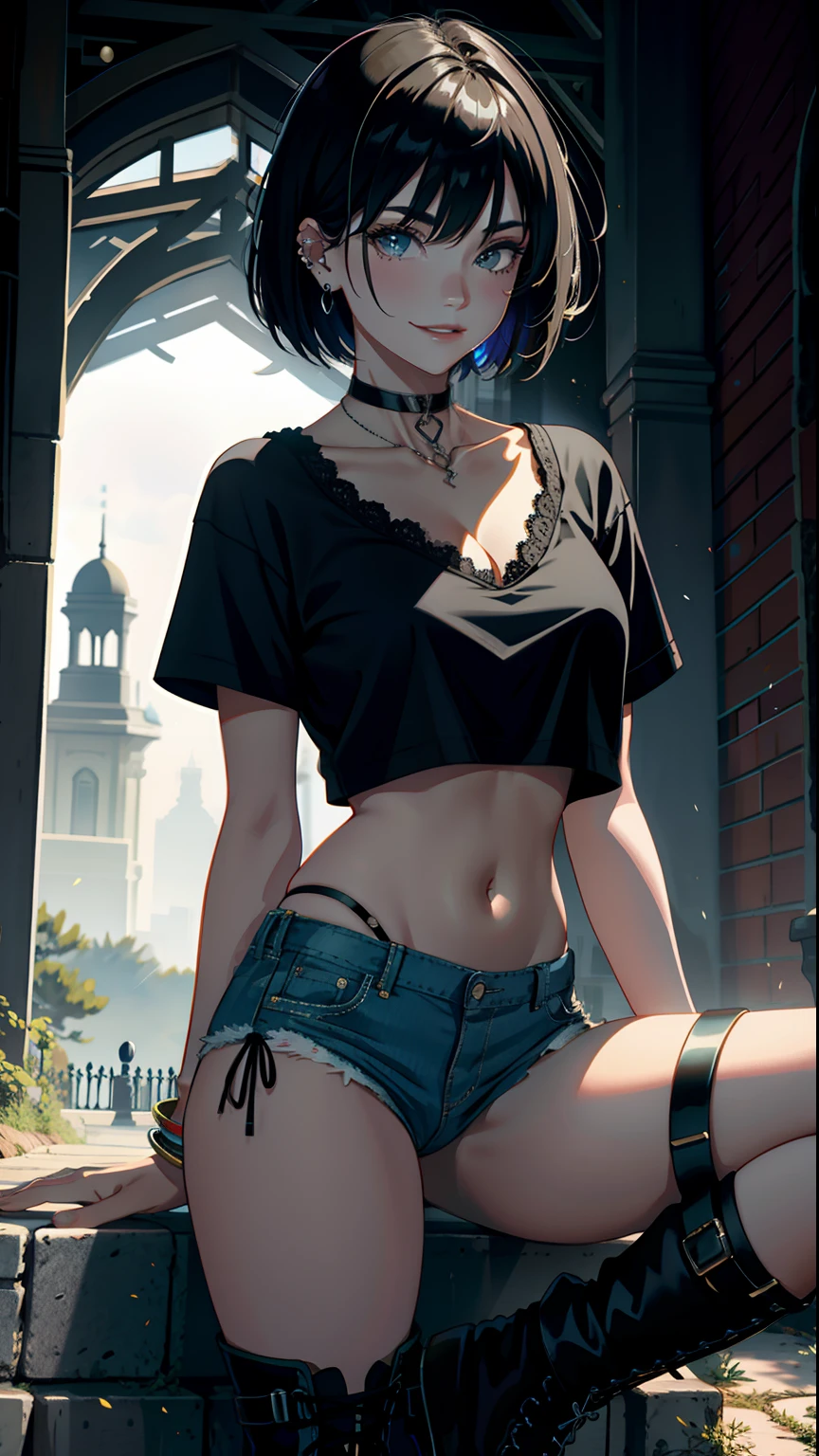 masterpiece, top-quality, Detailed details, Detailed landscapes, beatiful lights, Beautiful Shadows, 1girl in, 23years old,Black eyes,Mischievous smile, Short hair,a blond、bangle,a choker,piercings,hotpants,Ultra-low rise,TShirt, Navel Ejection,lace-up boots、detailed skin textures, Tyndall effect