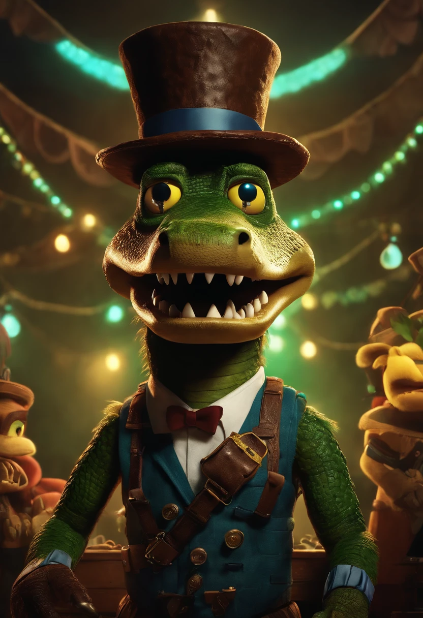 Five Nights at Freddy's style movie poster, with an animatronic crocodile wearing a brown hat, with a brown suspender and gold buttons, neon blue eyes, light green skin, sitting in a ball pit, holding a white and brown banjo.
