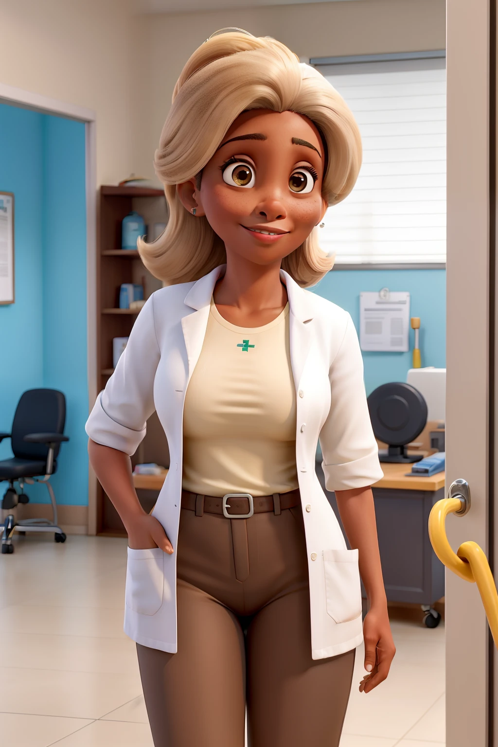 Obra-prima, de melhor qualidade, mulher de cabelos cacheados loiro e pele morena clara. wearing a lab coat in a physical therapy clinic