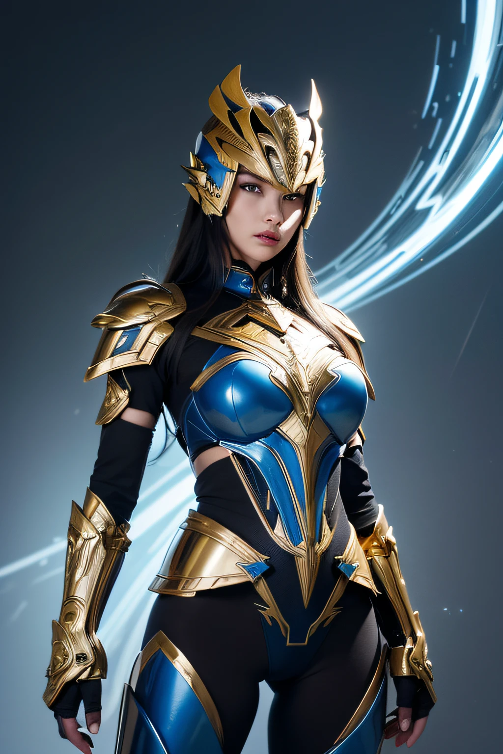 4K, masutepiece, hight resolution, absurderes,, Edge Thunderstruck, (Beautiful woman wearing metal blue and gold armor on bare skin) , Extraordinary beauty, Wearing Edge and Thunder Tracks_armor, electrification, (Wilding Thunder, Wearing an intricate armor helmet、​masterpiece, top-quality, hightquality, hight resolution,