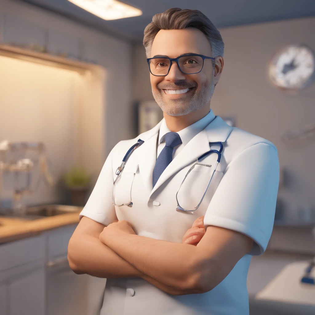 I'm just Kalid. Eu sou um dentista sem cabelo, Kind of thin face I'm 53 years old and I wear glasses and a navy blue lab coat. I'm in a dental office
