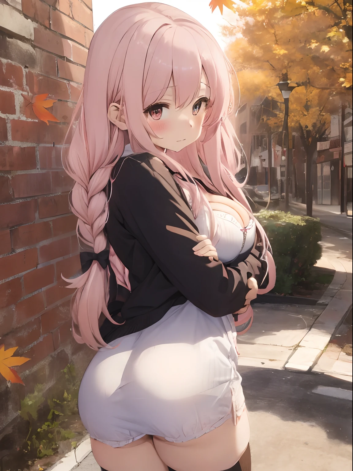 Modern city,Fluffy long hair,Light pink hair,Katyusha,Braids,Autumn outfit,Short clothing that shows the buttocks,The sleeves of the clothes are a little long,I see a little cleavage,Moe Sleeve,Dating,holding each other,Hugging,blushing with embarrassment,Happy expression on face,Holding hands,Arms crossed,Flirting with a close-knit body