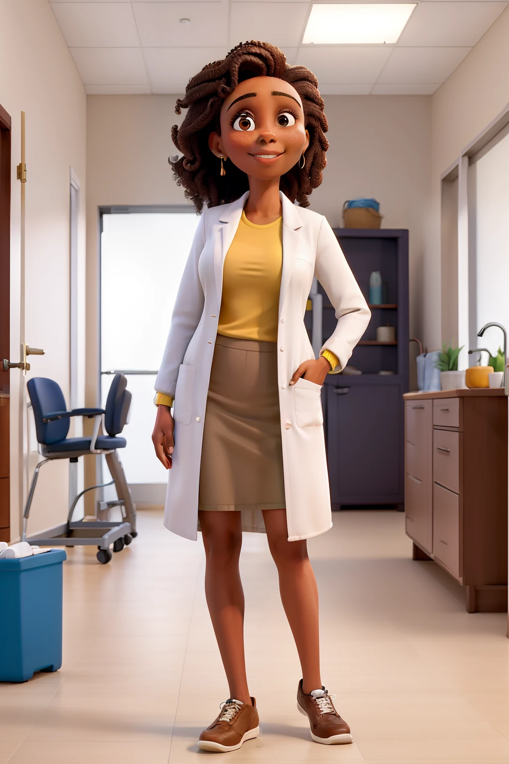 Obra-prima, de melhor qualidade, mulher de cabelos cacheados loiro e pele morena clara. wearing a lab coat in a physical therapy clinic