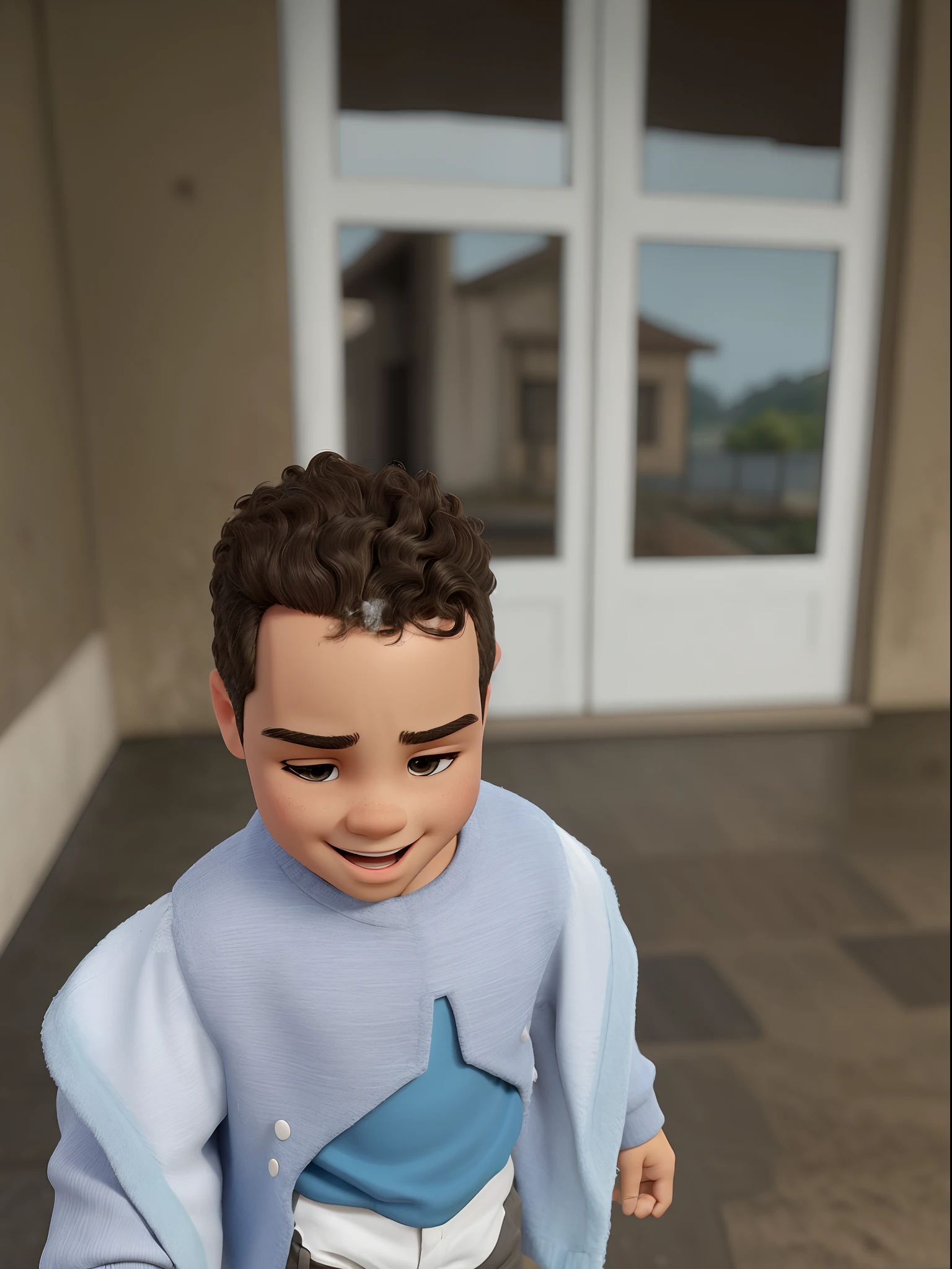 there is a young boy that is standing in the street, curls on top of his head, 2 anos, menino tem cabelo preto curto, Young Child, cachos por cima, her hair is messy and unkempt, his hair is messy and wild, River in front of you, olhando para a sua esquerda, menino bonito, olhando para o lado dele, menino com rosto sorridente