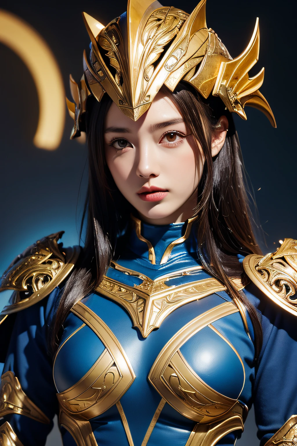 (1 person)、Highest quality、masterpiece、Ultra-high resolution、(Realistic:1.4)、RAW Photos、1 person、(Wearing a super shiny blue bodysuit)、Long sleeve、Portraiture、close、Shadow、Octane Rendering、8k、Ultra Sharp、Intricate decorative details、In-flight details、Very intricate detail、Realistic Light、(Mysterious look)、Shining Eyes、To the camera