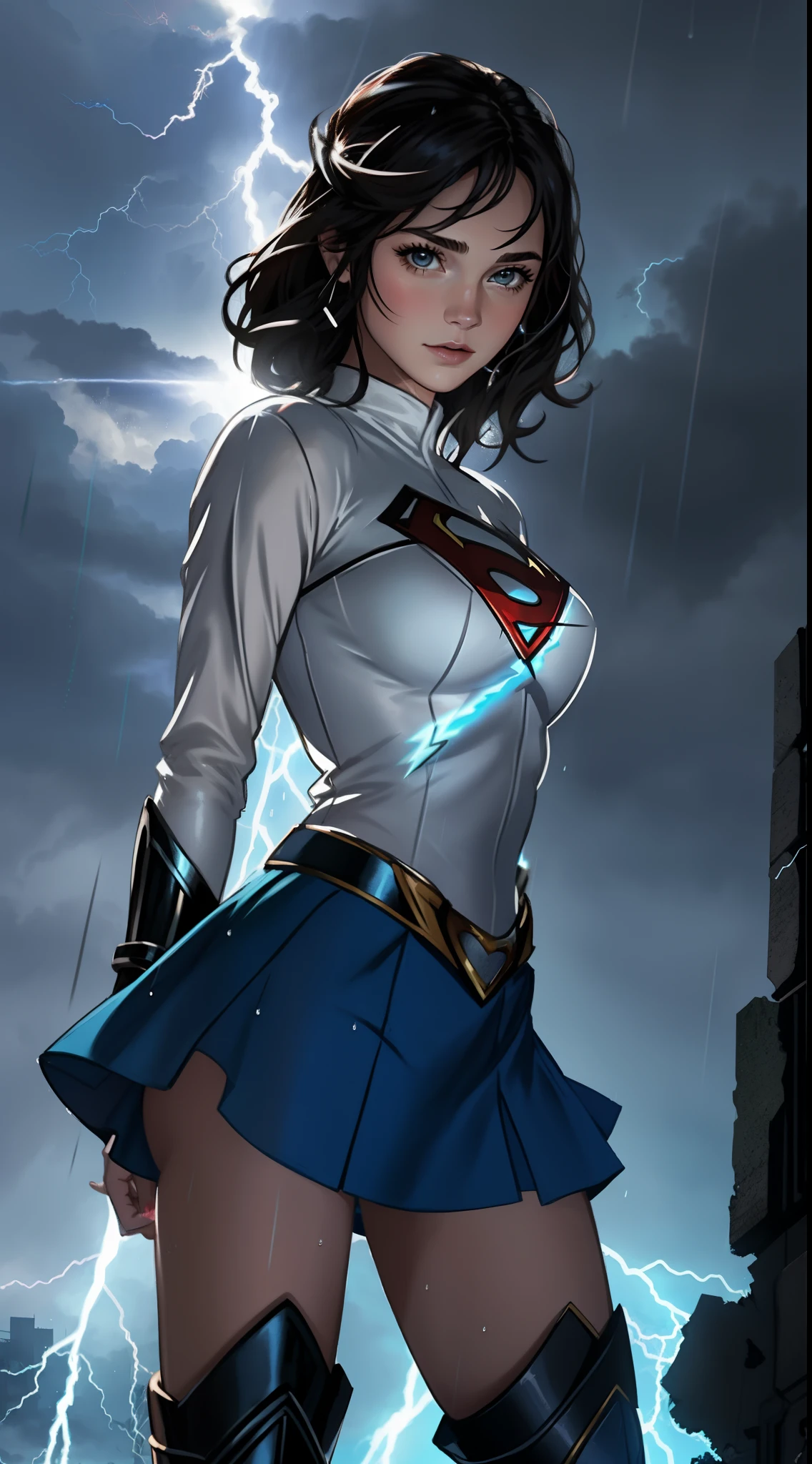 Un primer plano de una mujer con un disfraz de Superman de pie en una ciudad, Superchica, Gal Gadot como Supergirl, superhero body, super-hero girl, Super model, Superhero, amouranth as a super villain, hybrid of gal gadot, super hero, Gal Gadot as the Lord of Hell, the strongest superhero, Emma Watson como Supergirl,Apocalyptic destroyed city, lluvia cayendo, More detailed 8K.motor irreal:1.4,UHD,La mejor calidad:1.4, fotorrealista:1.4, textura de la piel:1.4, obra maestra:1.8,obra-prima, mejor calidad,objeto Objeto], (detailed face features:1.3),(mini-skirt white:1.4),(mostrando panties),(puesta de sol Apocalyptic:1.4),(White Superhero Costume:1.4),(cabello blanco canoso:1.4),(Rainy blue lightning background:1.4)