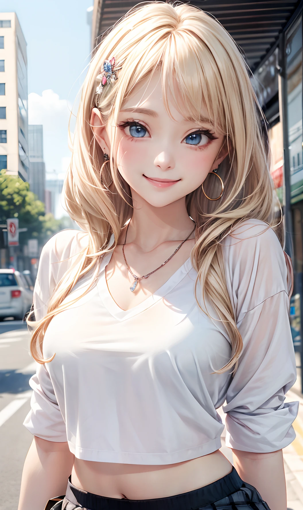 absurderes, (masuter piece:1.3)ultra-detailliert,bright colour, extremely beautiful detailed anime face and eyes, (独奏:1.6), Smooth straight blonde hair, Shiny hair, Delicate beautiful face, red blush,(Deep Blue Eyes:1.3 ) White skin, hair clips, earrings, a necklace,(Agnes B-Shirt:1.3),(Barbary skirt:1.3) (nightcity:1.3),Bustling street、(Nitanita Smile:1.5)、Upper body