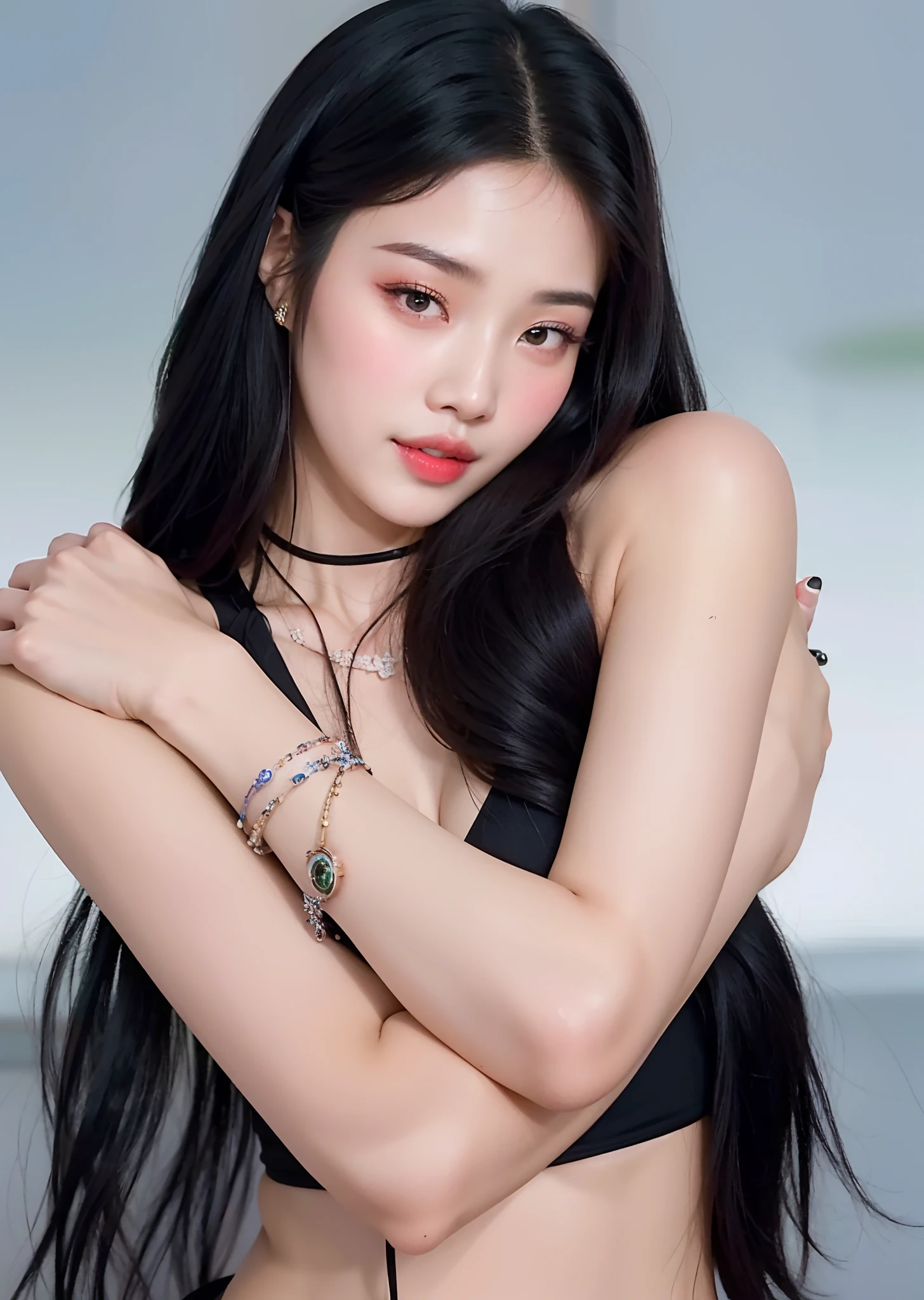 a woman in a black bikini posing for a photo, Xianxia, Mulher sul-coreana bonita, jennie blackpink, cruel korean goth girl, asian features, menina coreana, Xianxia de corpo inteiro, gorgeous chinese model, Gongbi, Xision Wu, Menina chinesa, Xianxia fantasia, dilraba dilmurat, jia, Sha Xi