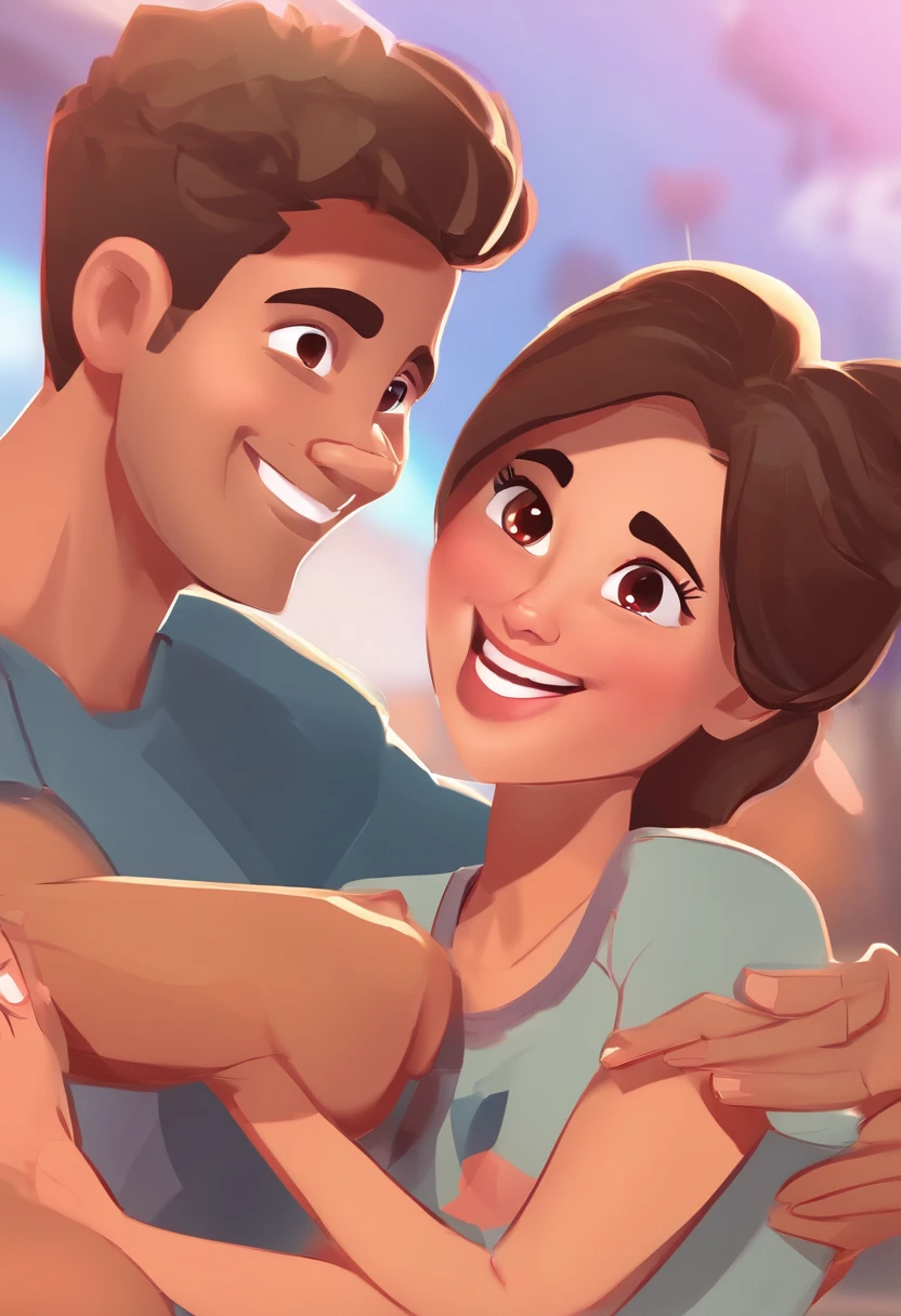 An illustration of an adorable couple, Highlight for a chubby mulatto man with smiling glasses and a brunette woman with beautiful expressive eyes - the man's skin is mulatto and the man's hair has, while the woman's skin is black and the woman's hair is straight and brown. They are a bright room, cada um com um sorriso no rosto, e compartilhar um momento especial caracterizado pelo amor, Insights. Illustrate this scene from a perspective where they are facing the camera, Smiling and Showing Your Connection. Desenvolva esta arte em Full HD, Focus on your cinematic touch, Estilo Disney Pixar Animations
