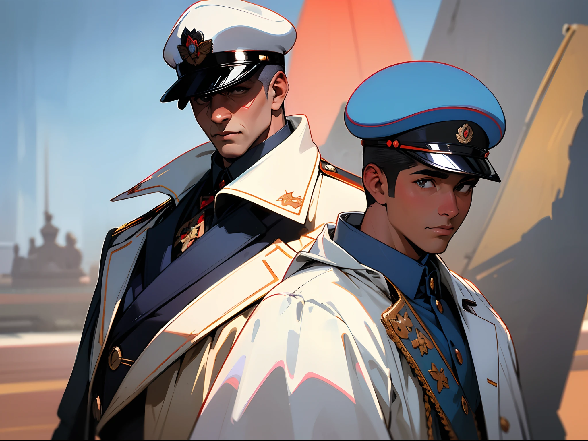 Two middle-aged men in underwear were kissing.，A manly man, wearing a Naval officer uniform, posing confidently on a ship, surrounded by the vast ocean. The composition is shot by the renowned photographer Bruce Weber. The man has a slight smirk on his face, exuding self-assurance and authority. The uniform signifies his affiliation with the US Navy, emphasizing power and discipline. In the background, the open ocean stretches out as far as the eye can see, creating a sense of adventure and . The image is of the highest quality, with a resolution of 4k or 8k, capturing every detail with precision. The lighting is carefully set to highlight the man's features and enhance the overall atmosphere. The color palette is rich and vibrant, bringing life to the scene. The prompt aims to evoke the essence of a naval officer, combining strength, determination, and a hint of mystery.