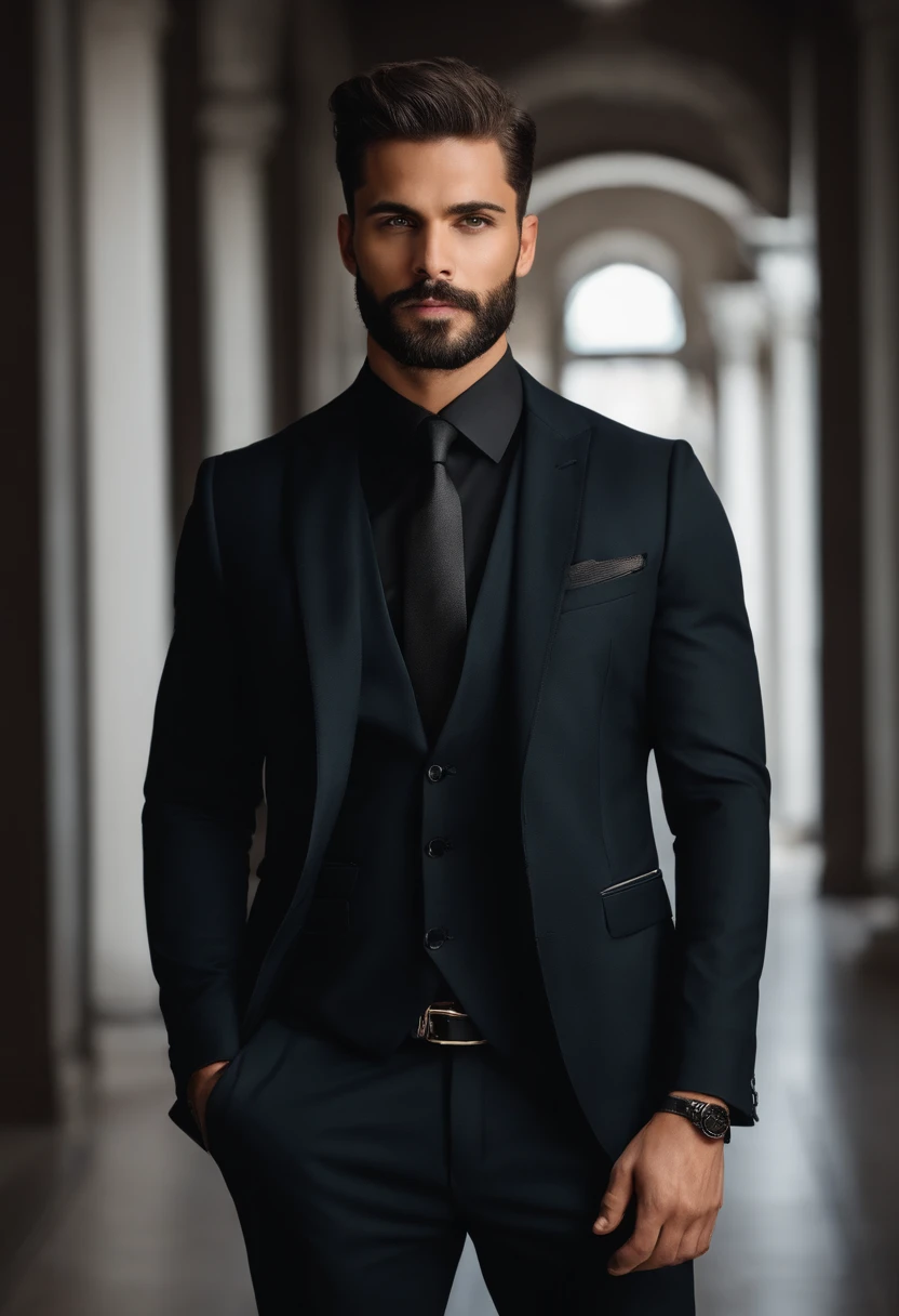 acima、Make a handsome 30-year-old man in a black suit and tie, CEO, cabelos loiros escuros e barba, (Homem de terno preto e gravata), ), (Use barba,) attractive and serious appearance, cabelo preto curto, elegante e elegante, Shave with a perfect fit and a strong body, (alta qualidade, imagens realistas), Preto escuro e claro no fundo da imagem, Filmstil, ((Qualidade Premier, 8k, Obra-prima), Ultra High Definition Photo, (lindos rostos detalhados, Textura detalhada da pele, corpo hiperdetalhado:1.1)cabelo que cai ligeiramente na testa