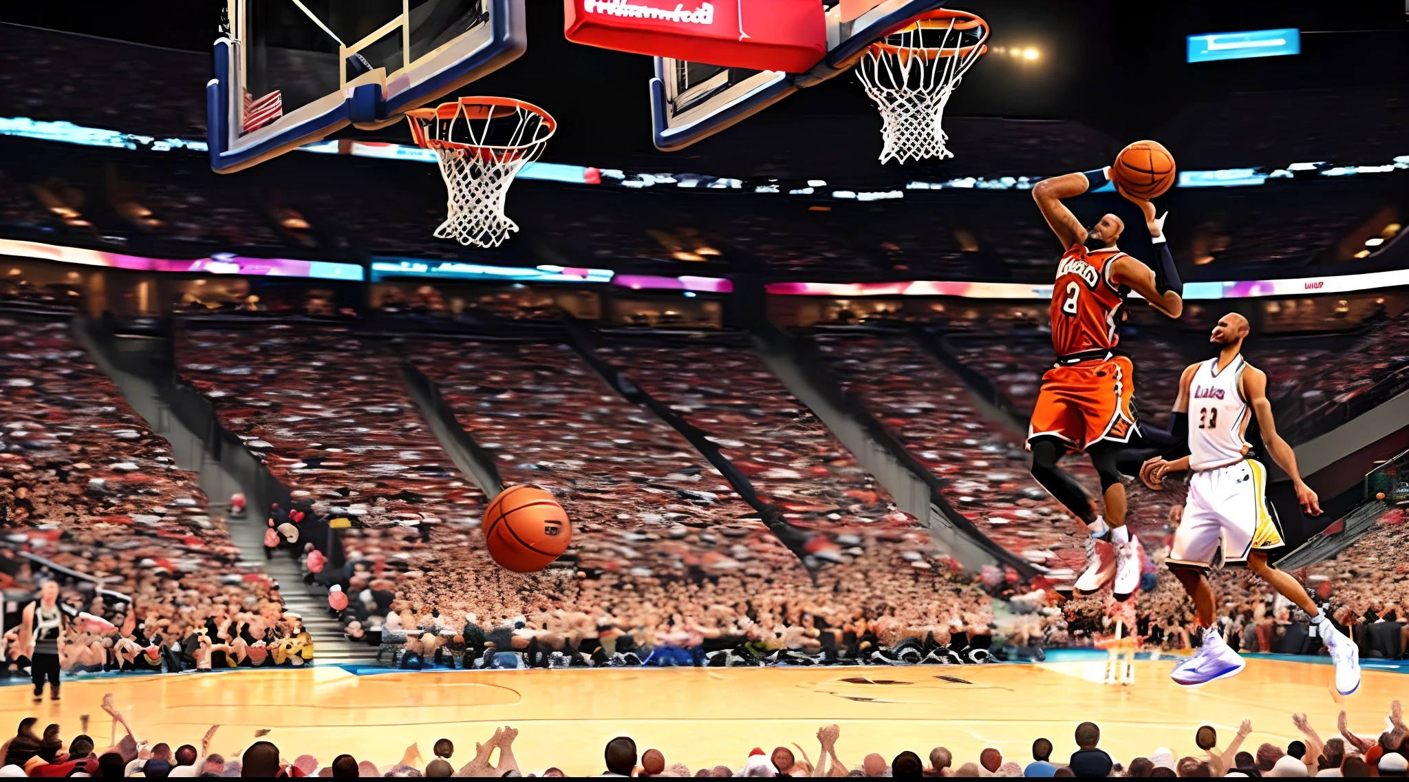 Shrimp slam dunking a basketball over lebron james while other shrimp in the crowd cheer him on