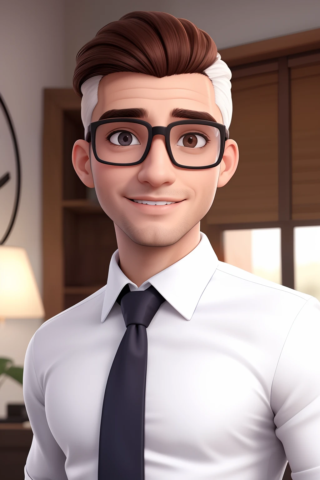 Um homem de 30 anos, com cabelos castanhos curtos,face de diamante, olhar rigoroso, e olhos castanhos, Wearing white white shirt with tie and glasses.