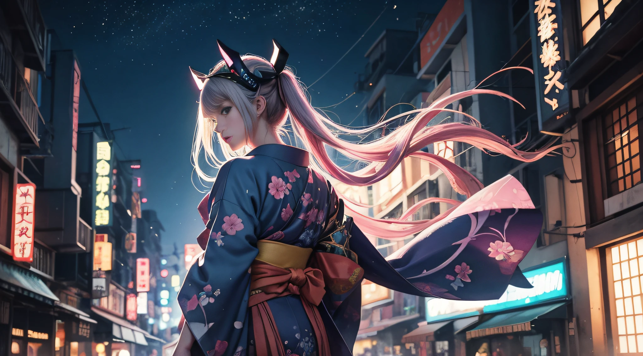 Watercolor drawing of back view of girl posing in kimono with lots of delicate ornaments and wearing demon helmet standing in a city at night during the dynastic period, hair and kimono swaying in the wind, VOFAN style, pastel colors, cute, eccentric, fantasy art, watercolor style, blurring, VOFAN artwork, cover illustration VOFAN, drawing VOFAN, perfect illustration by VOFAN, perfect light and shadow technique background by VOFAN, Adobe Illustrator, hand drawn, digital painting, low poly, soft lighting isometric illustration style, retro aesthetic Character Background Focus, 4K Resolution, Photorealistic Steps, Using Cinema4D, Cinematic Lighting, Dynamic Compositing, Pixiv Fanbox Trends, Saturated Gouache, Cyberpunk,