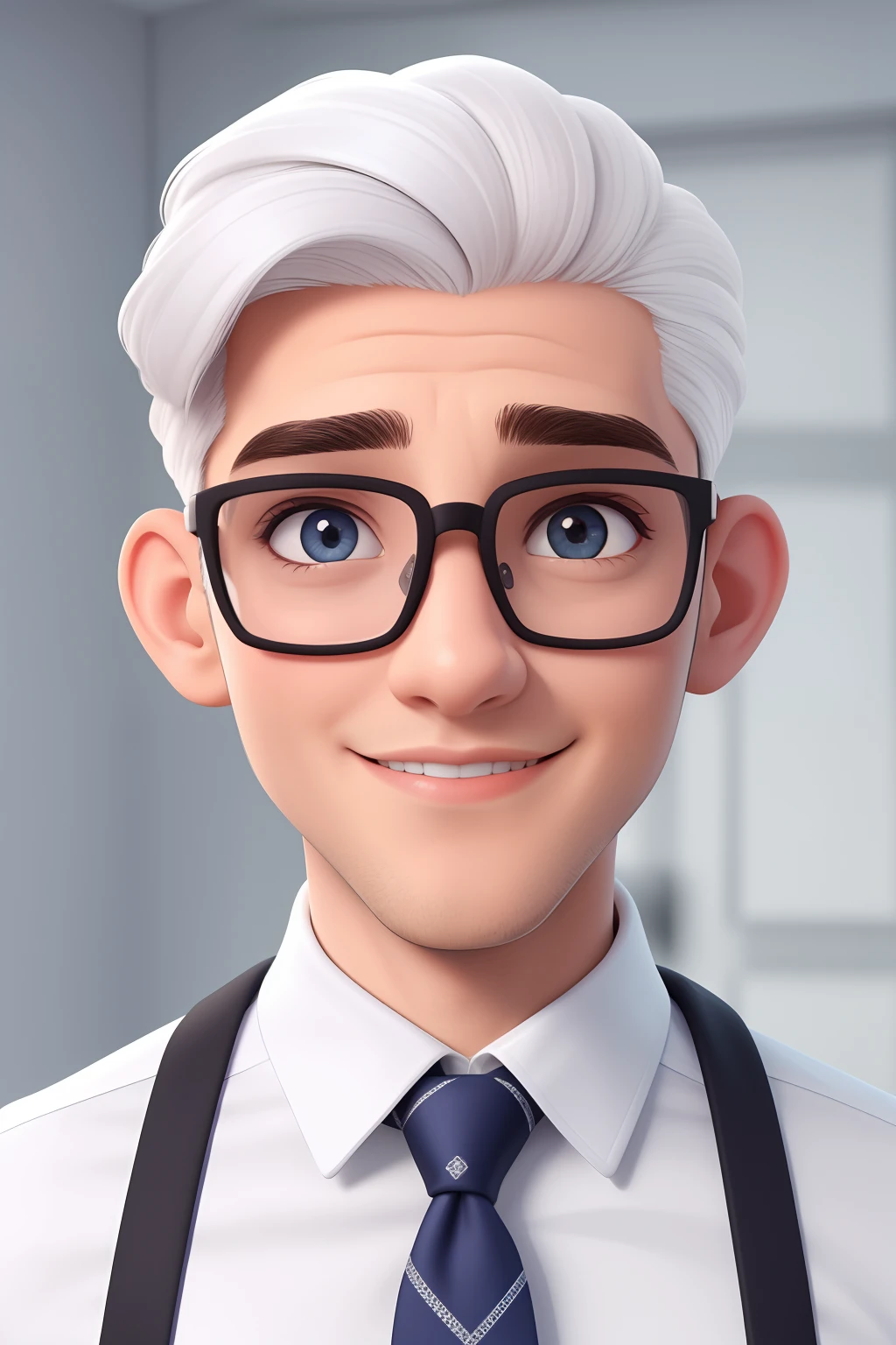 Um homem de 30 anos, com cabelos castanhos curtos,face de diamante, olhar rigoroso, e olhos castanhos, Wearing white white shirt with tie and glasses.