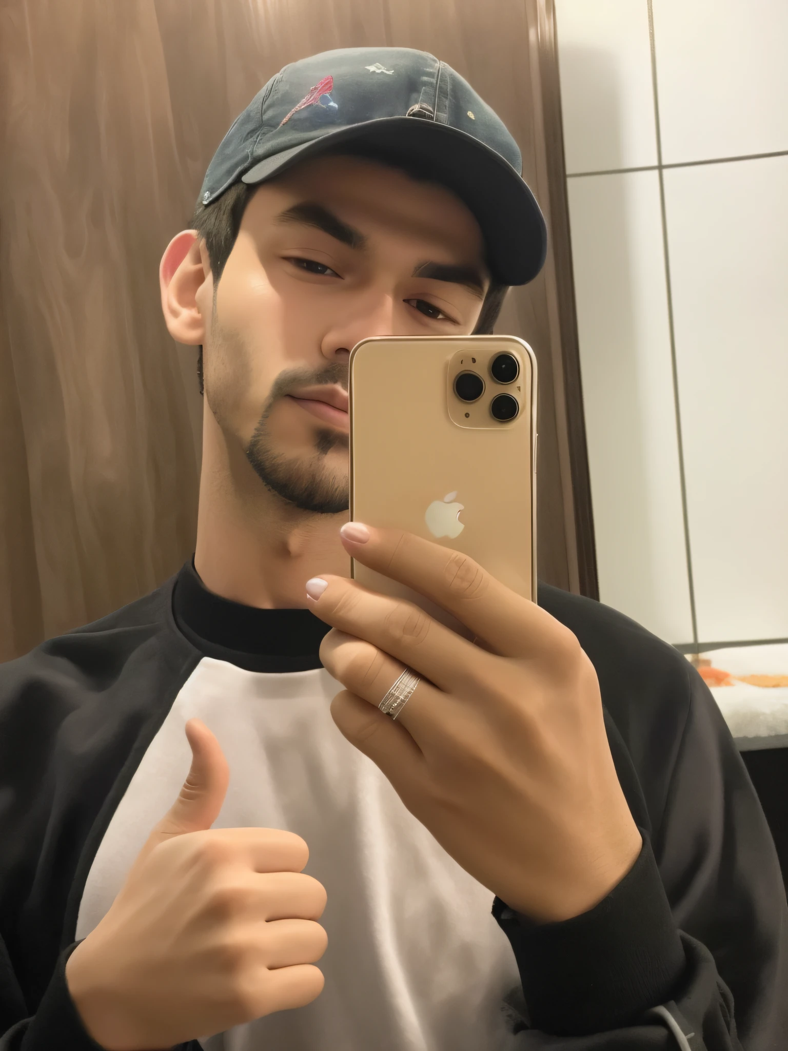 there is a man taking a selfie in a bathroom mirror, com iphone, 22 anos, imagem de qualidade muito boa, foto de perfil , iphone selfie, Condutor, estilo disney pixar, alta qualidade, melhor qualidade