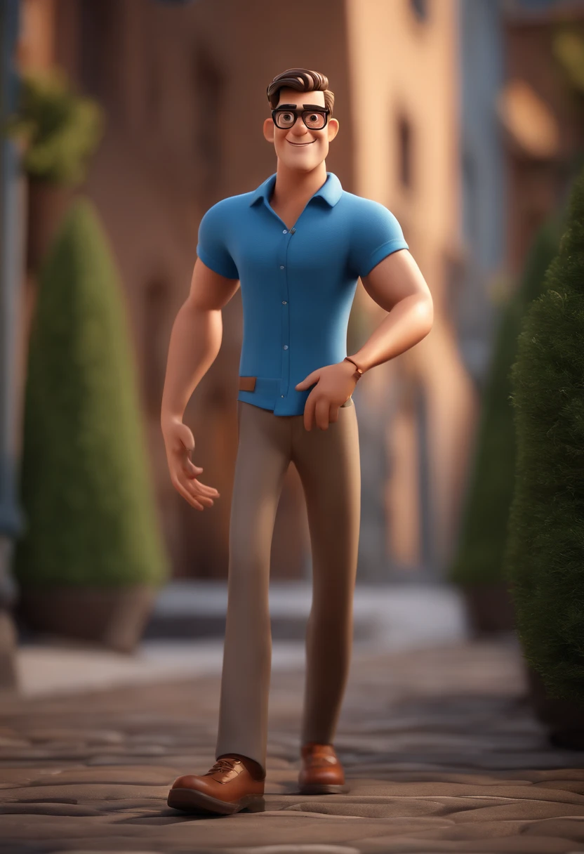 Cartoon character of a man with black glasses and a blue shirt, animation character, Caractere estilizado, animation style rendering, 3D estilizado, Arnold Maya render, 3 d render stylized, toon render keyshot, Personagem 3D, Personagem 3D, 3d rendering stylized, 3 d character render, personagem de desenho animado, Personagem de close up, Pose de personagem,  (Estilo Pixar) (master part:1.2) (Bokeh) (best quality) (pele detalhada) (textura detalhada) (8k) (argila) (Cinematic lighting) (foco nítido