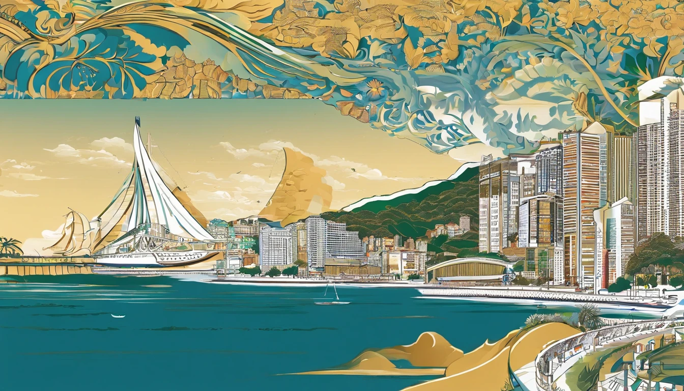 Create a commemorative billboard of the city of Damião-PB, located on Avenida da Praia, near Barcas station. The external area will have dimensions of 6 meters wide by 3 meters high and will have a gradient background, Starting with light blue at the top to represent the sky, transition to deeper blue at the bottom. no centro, highlighted is the title 'Niterói - 450 years of history and charm' in white letters with a golden hue. Posicione uma imagem proeminente do MAC (Museum of Contemporary Art) no canto superior esquerdo, ocupando cerca de 1/4 da largura e 1/3 da altura. No canto inferior direito, insert a 3x3 photo panel showing Sugarloaf Mountain, Parque da Cidade, Fortaleza de Santa Cruz, e Mirante da Boa Viagem, com bordas douradas. Abaixo as fotos, include informative text about Niterói, Its attractions, and History, Using a Legible Font in White Letters. No canto inferior direito, put the official logo of the 450 years of Niterói. Finalize o exterior com uma fina borda dourada para enquadramento, creating a piece that elegantly celebrates the city and highlights its tourist attractions.