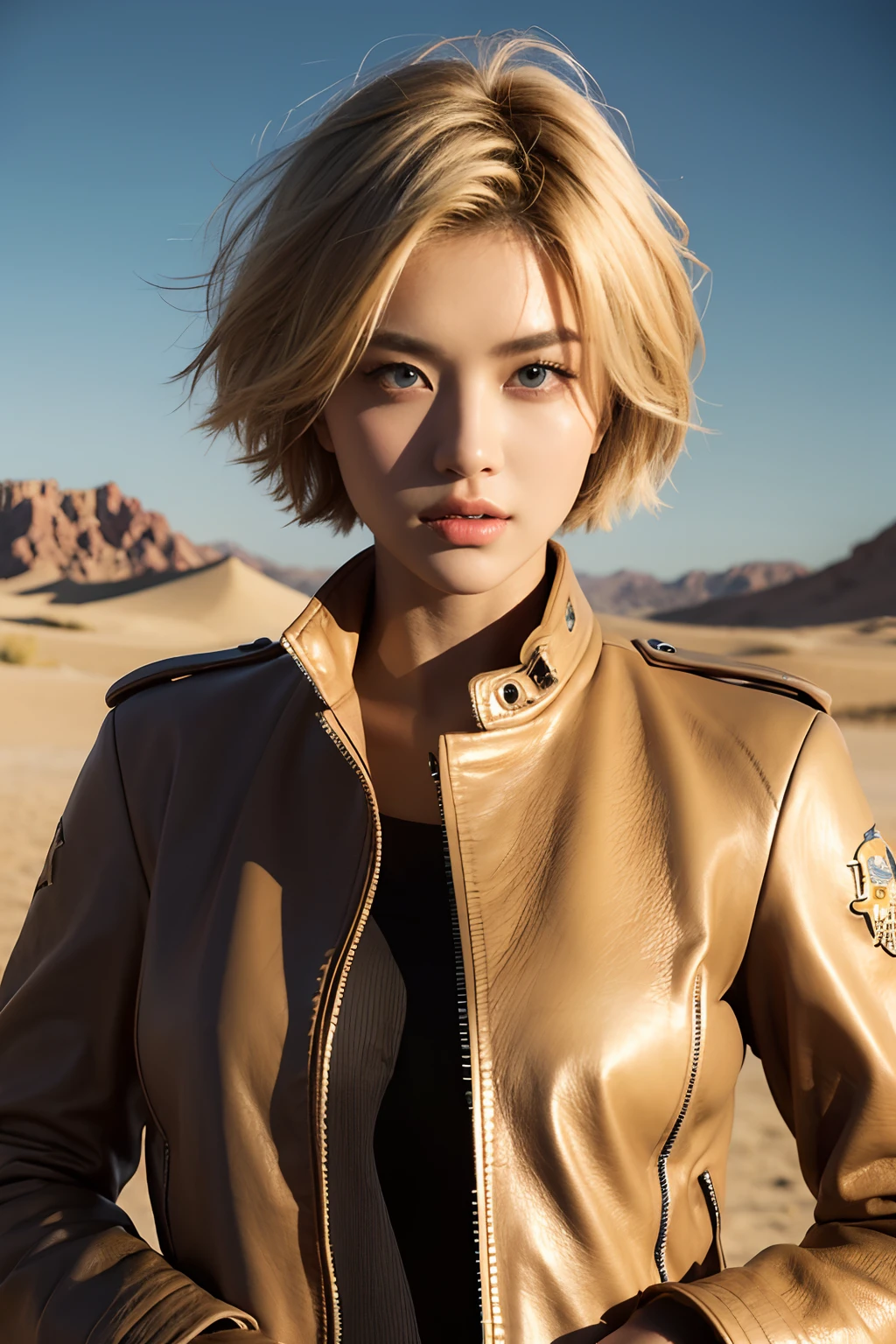 best quality,highres,ultra-detailed,realistic,gorgeous Korean woman with light blonde short hair and blue eyes,beautiful detailed eyes,detailed lips,member of a biker gang,tattoos all over her body,riding a powerful black motorbike in the vast and arid desert,leather jacket with gang logo and skull pattern,black helmet with a fierce dragon design,fierce and confident expression,strong sunlight casting dramatic shadows on the sand,dusty winds blowing her hair and jacket,desert landscape with sand dunes and distant mountains,vivid colors,hazy warm color tone,golden sunlight filtering through the dust particles in the air.