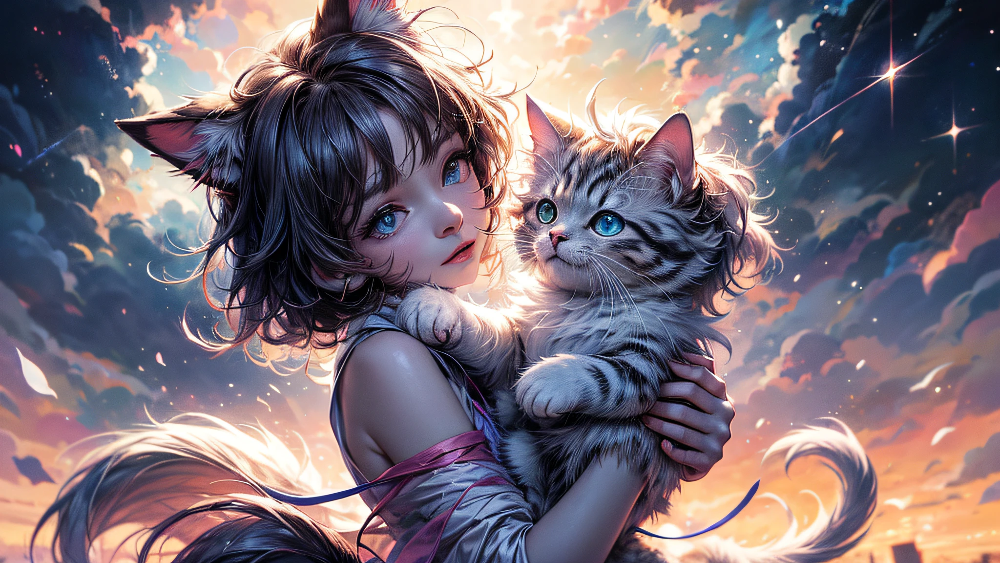 anime cat with blue eyes and stars on background, anime cat, cute cat anime visual, realistic anime cat, cute detailed digital art, anime art wallpaper 4k, anime art wallpaper 4k, very beautiful furry art, beautiful anime cat, very beautiful anime cat, 4k manga wallpaper, cute anime cat girl, anime art wallpaper 8k