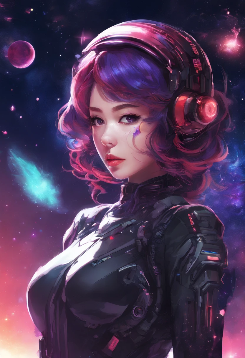 black dress, concept art inspired by Yuki Ogura, tumblr, digital art, anime girl with cosmic hair, girl in space, cosmic girl, red skin color, red-colored skin, bright black hole glowing eyes, loli figure, braided curly purple with stars inside space hair without bangs, absolutely no bangs on the hair, oversized starlit clothing