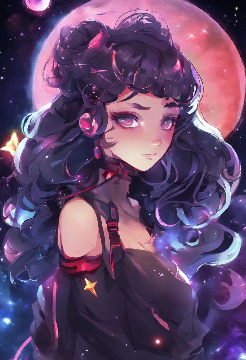 black dress, concept art inspired by Yuki Ogura, tumblr, digital art, anime girl with cosmic hair, girl in space, cosmic girl, red skin color, red-colored skin, bright black hole glowing eyes, loli figure, braided curly purple with stars inside space hair without bangs, absolutely no bangs on the hair, oversized starlit clothing