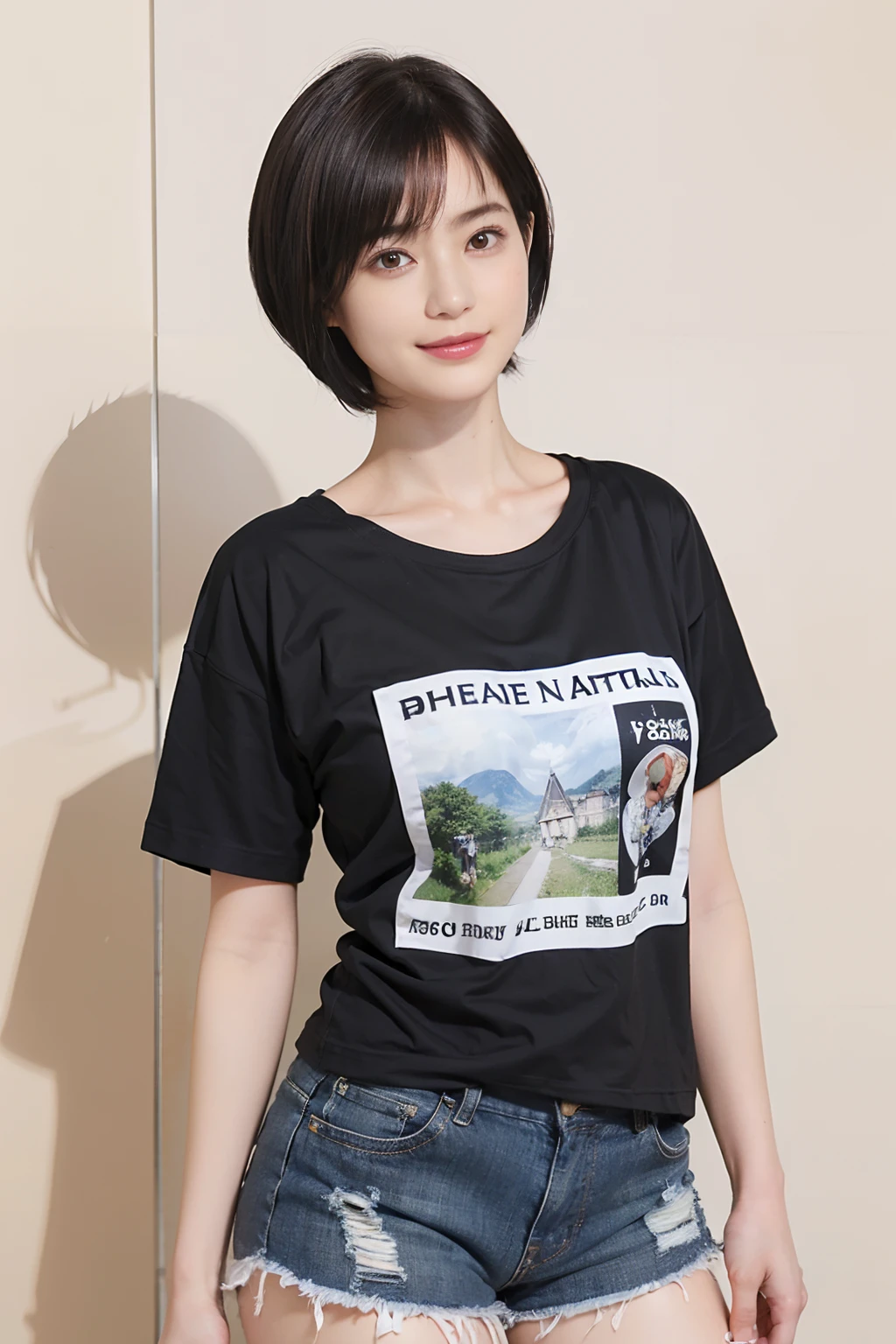 85
(a 20 yo woman,is standing), (A hyper-realistic), (masutepiece), ((short-hair:1.46)), (Smooth black hair), (Breast:1.0), (kindly smile), Wearing shorts, (Wear a T-shirt with a character design print), (Beautiful skin:1.5)