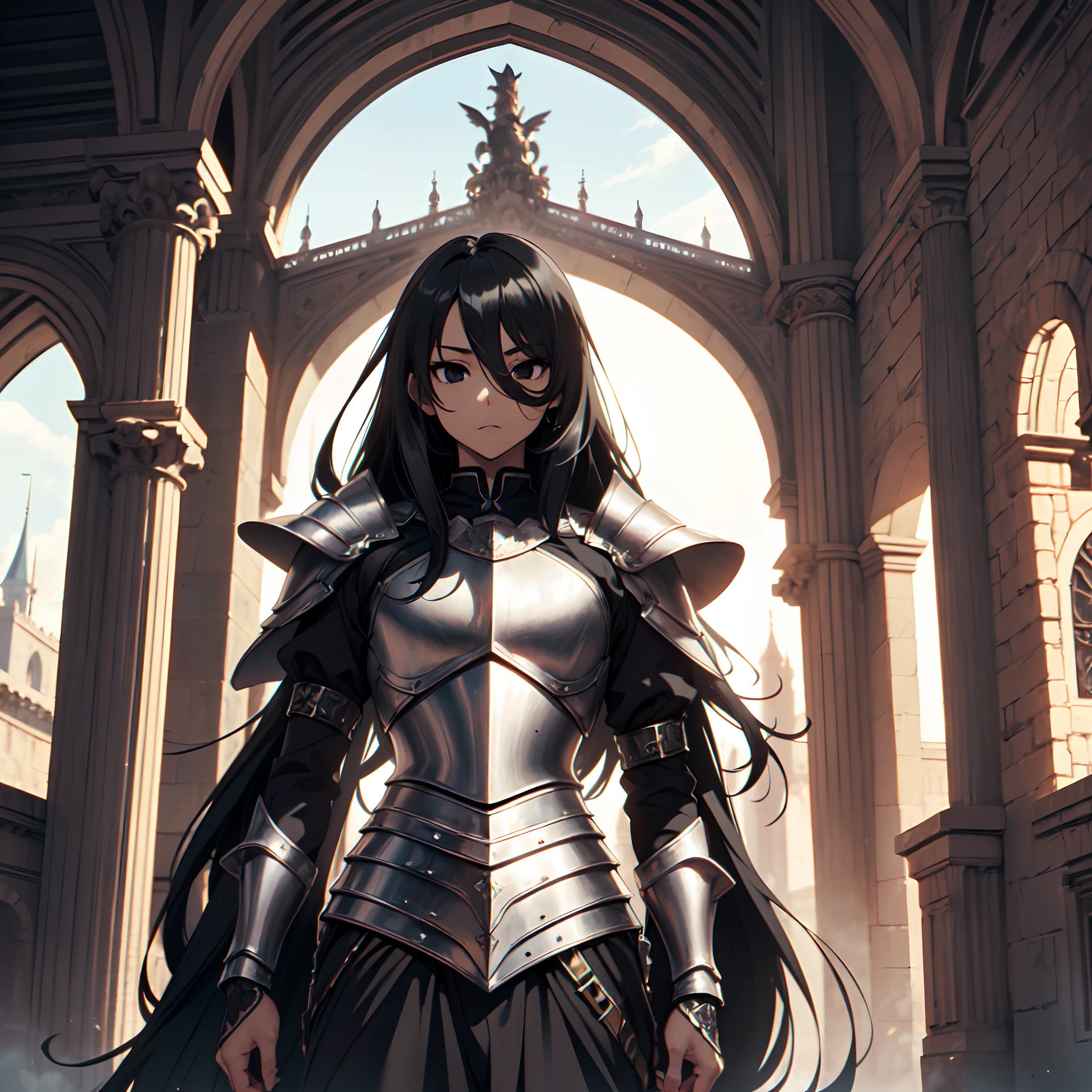 Anime girl in armor standing in a building with a sword - SeaArt AI