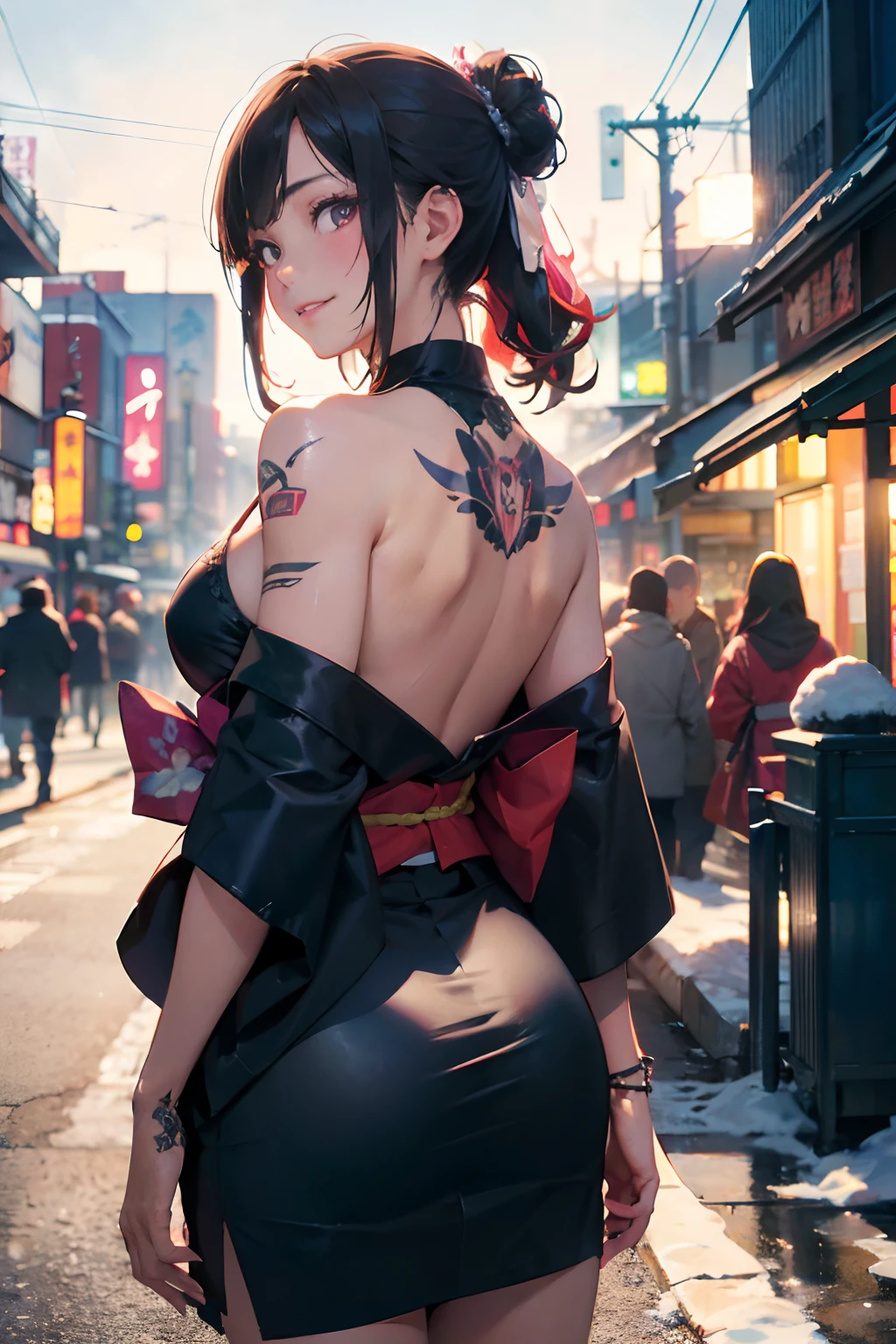 realistic man strong man is woman having sex Nezuko Kimetsu naked woman in Yaiba in 1girl, Tokyo street,noite, Cityscape,luzes da cidade, parte superior do corpo,Close-up, 8k, Foto RAW, melhor qualidade, master part,Realistic, photo-realistic,