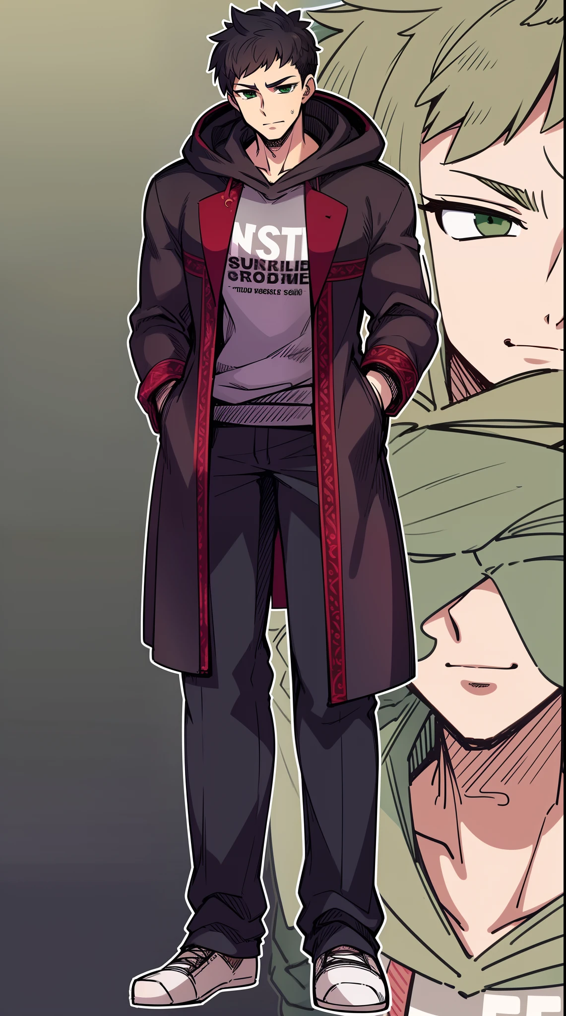 best quality,ultra-detailed,portrait,lighting:studio,hdr,sharp focus,physically-based rendering,bokeh,vivid colors,9k resolution,professional, male,bald,tall,muscular,big nose,long eyelashes,green eyes,pullover,hood,cloak,long sleeves,stylised clothes rustic style,pants,solo focus