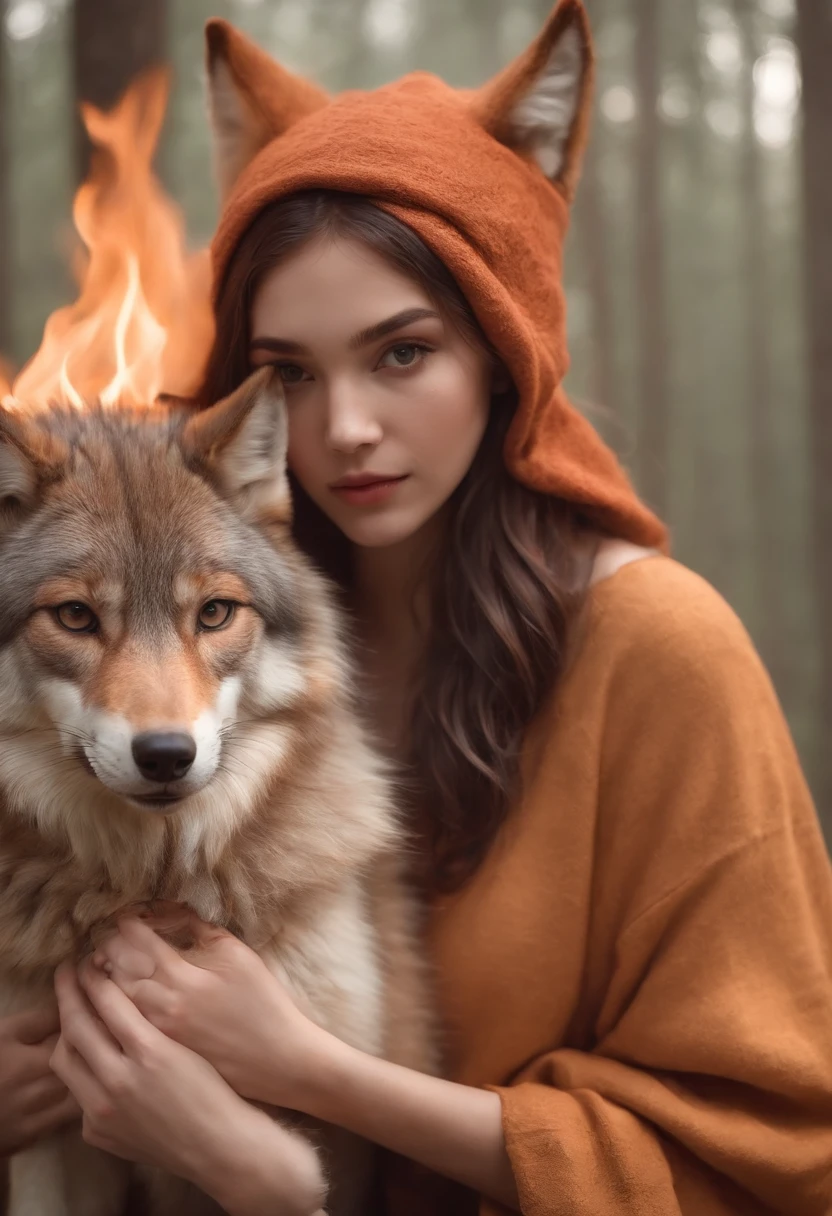 girl with a cat hat holding a bright fire, uma bela raposa senhora, deusa do inverno, raposa, ethereal fox, Jen Bartel, holo se uma menina lobo, Kitsune segurando tocha, Deusa dos cabelos ruivos, wolfgirl, Arte conceitual de inverno, holo is a wolf girl, estilo de arte charlie bowater, Brittney Lee aparecia de uma foto real, com seios e roupas de couro preta