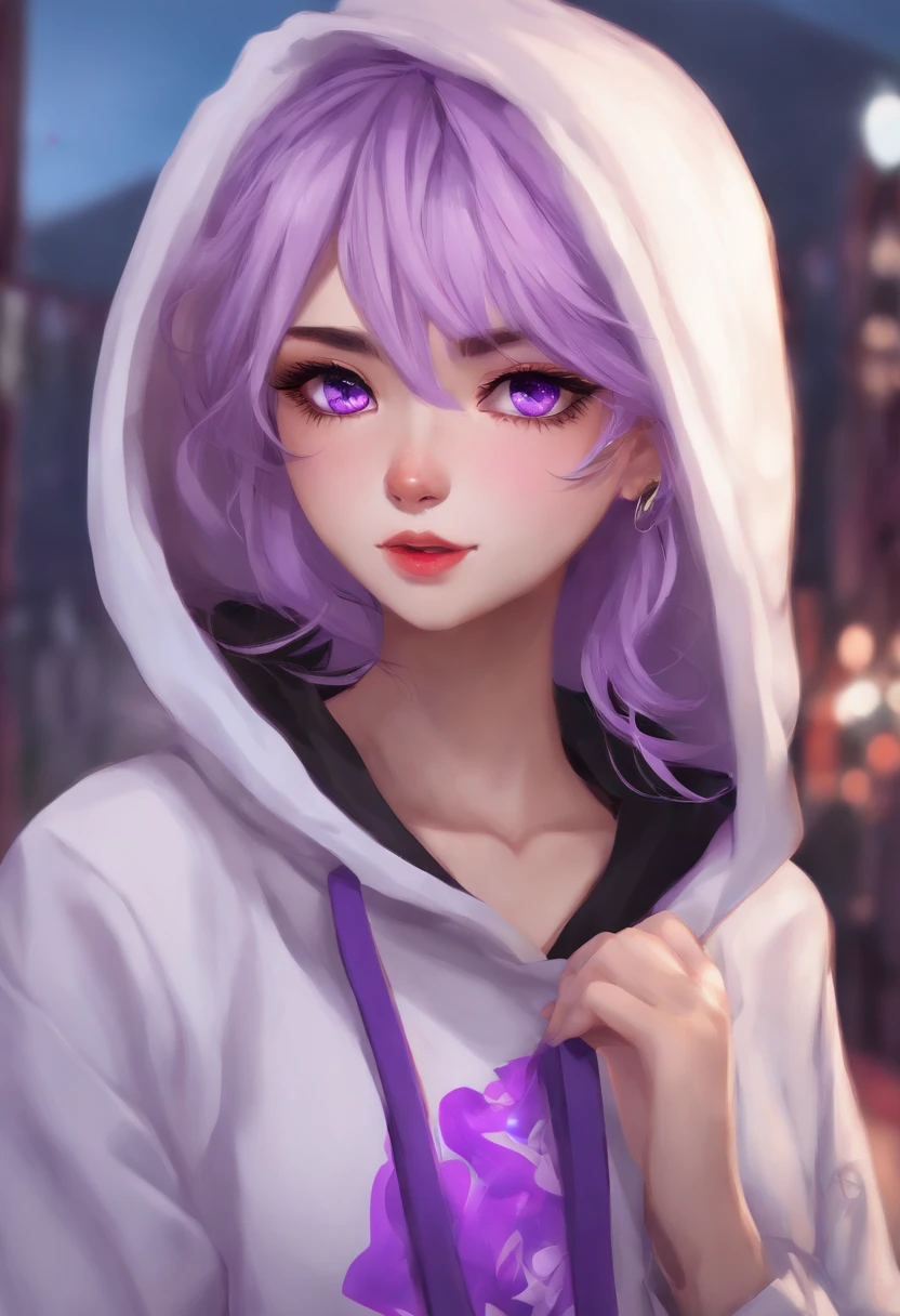 purple haired woman wearing pink lipstick wearing a white scarf and see through black top exposing most of her extremely massive breasts