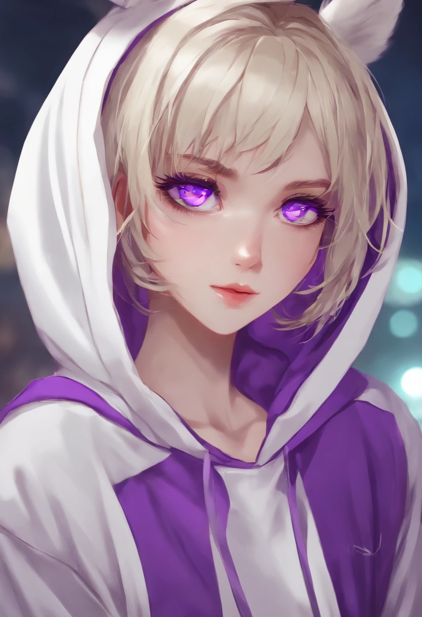 Chica anime, pelo corto blanco, purple eyes, sudadera con capucha, PC, gallardete, Vtuber, Estilo callejero