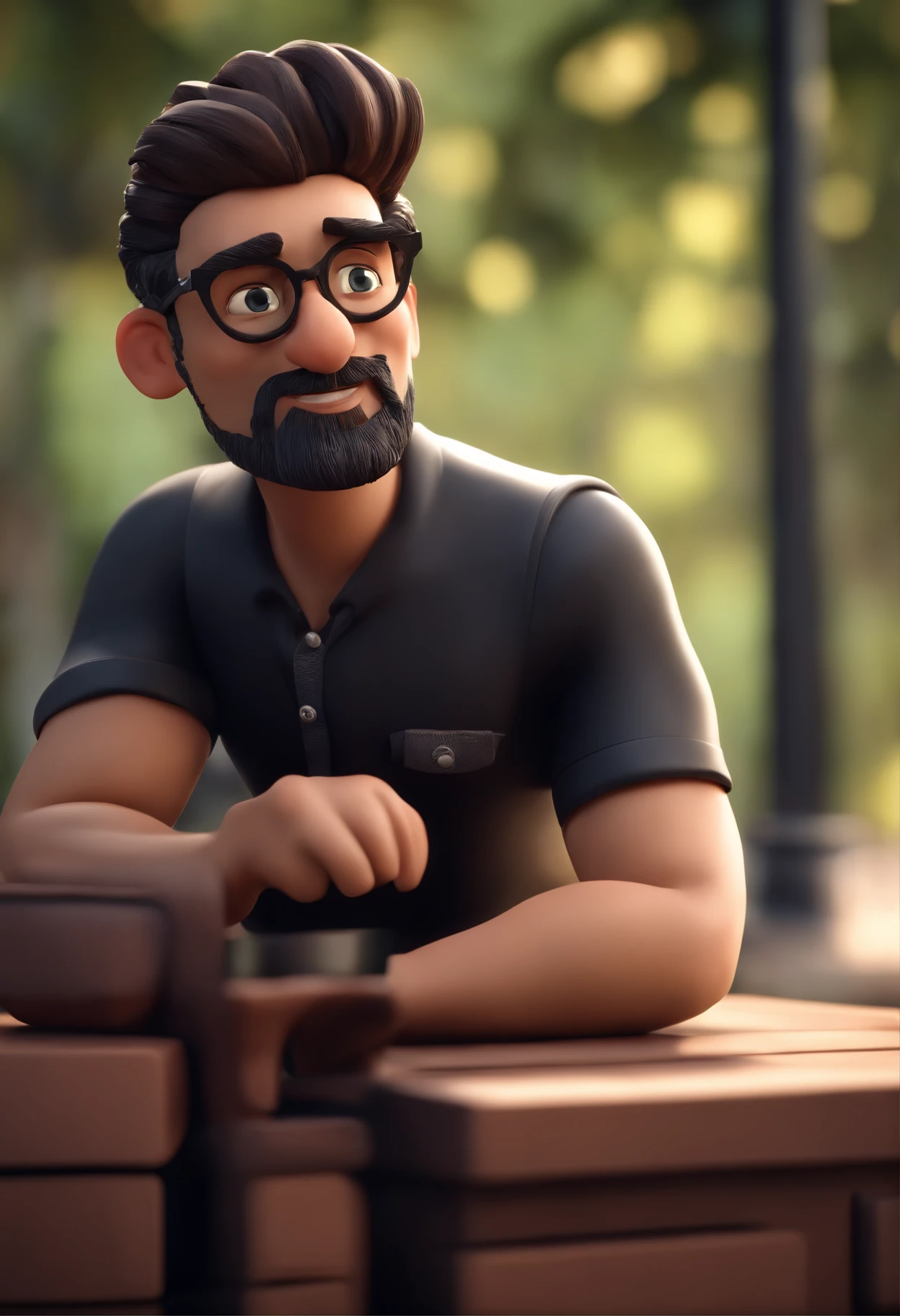 Cartoon character of a man with black glasses and a black polo shirt, cabelo liso, With beard and old school tattoo on his arm, animation character, Caractere estilizado, animation style rendering, 3D estilizado, Arnold Maya render, 3 d render stylized, toon render keyshot, Personagem 3D, Personagem 3D, 3d rendering stylized, 3 d character render, personagem de desenho animado, Personagem de close up, Pose de personagem, (Estilo Pixar) (master part:1.2) (Bokeh) (best quality) (pele detalhada) (textura detalhada) (8k) (argila) (Cinematic lighting) (foco nítido