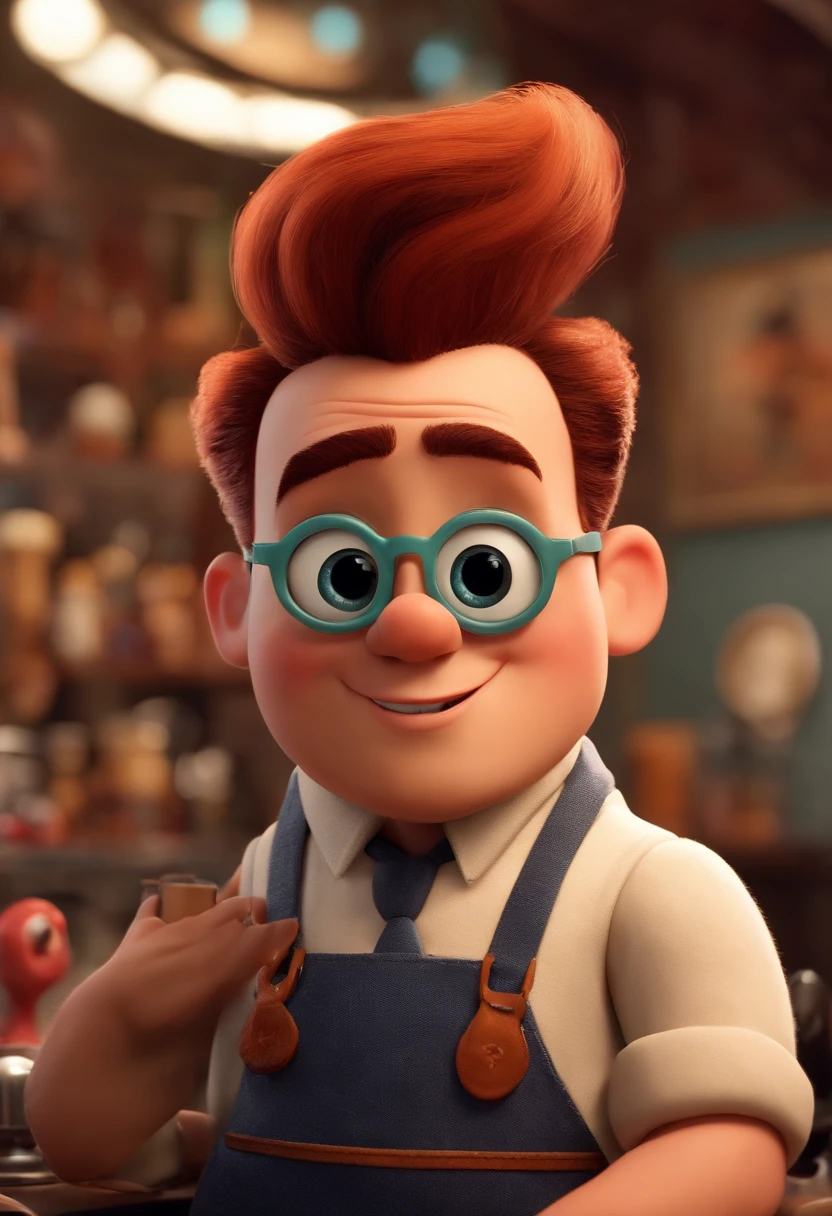 A Dream Barber Inspired by Pixar Animation, de perto. The character takes center stage with captivating facial expressions, oferecendo um toque de irrealidade, Cabelo curto e gordinho gradiente