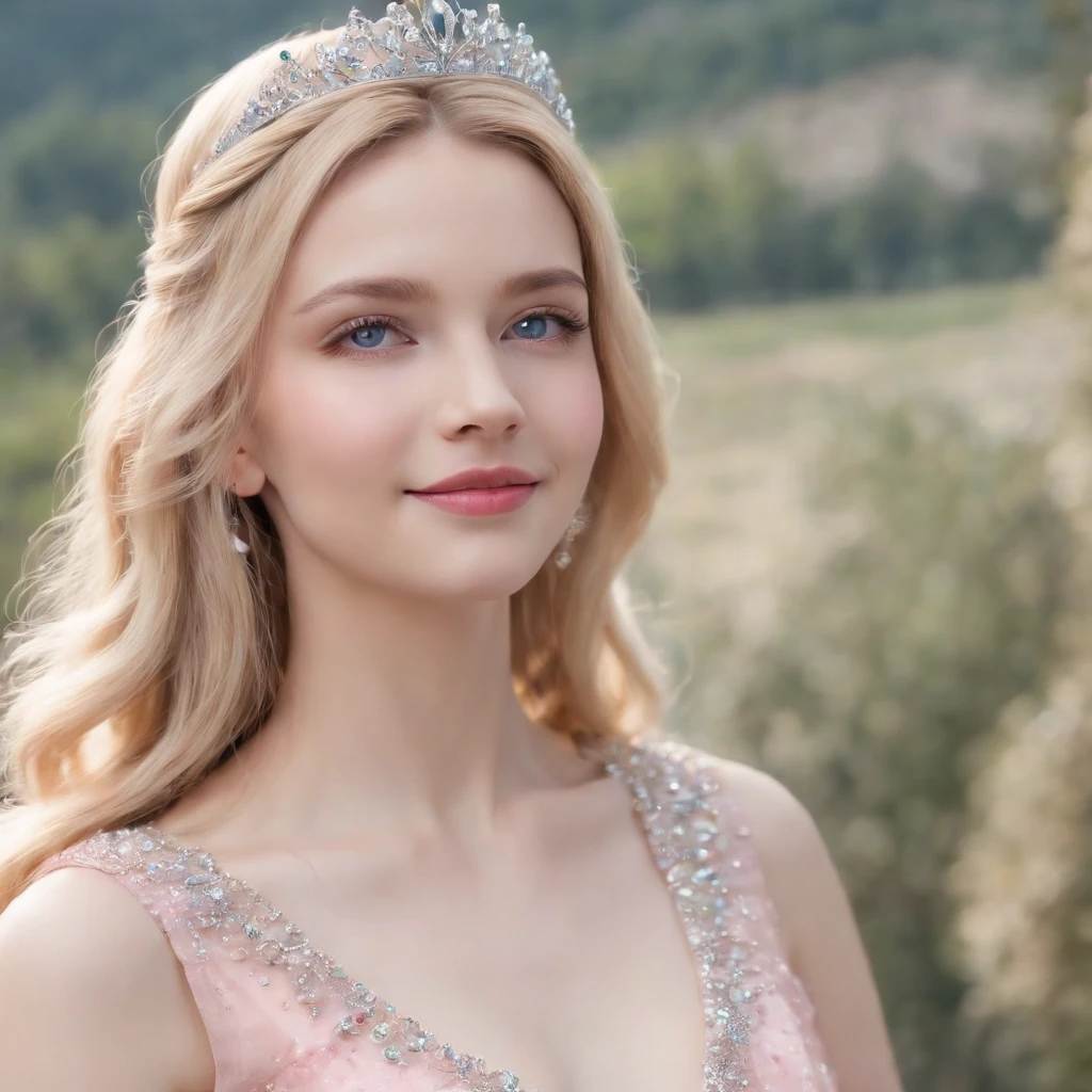 Princess、Long Blonde Hair、Blue eyes、23years old、perfectly proportions、pink dress、a serene smile、tiara studded with gemstones
