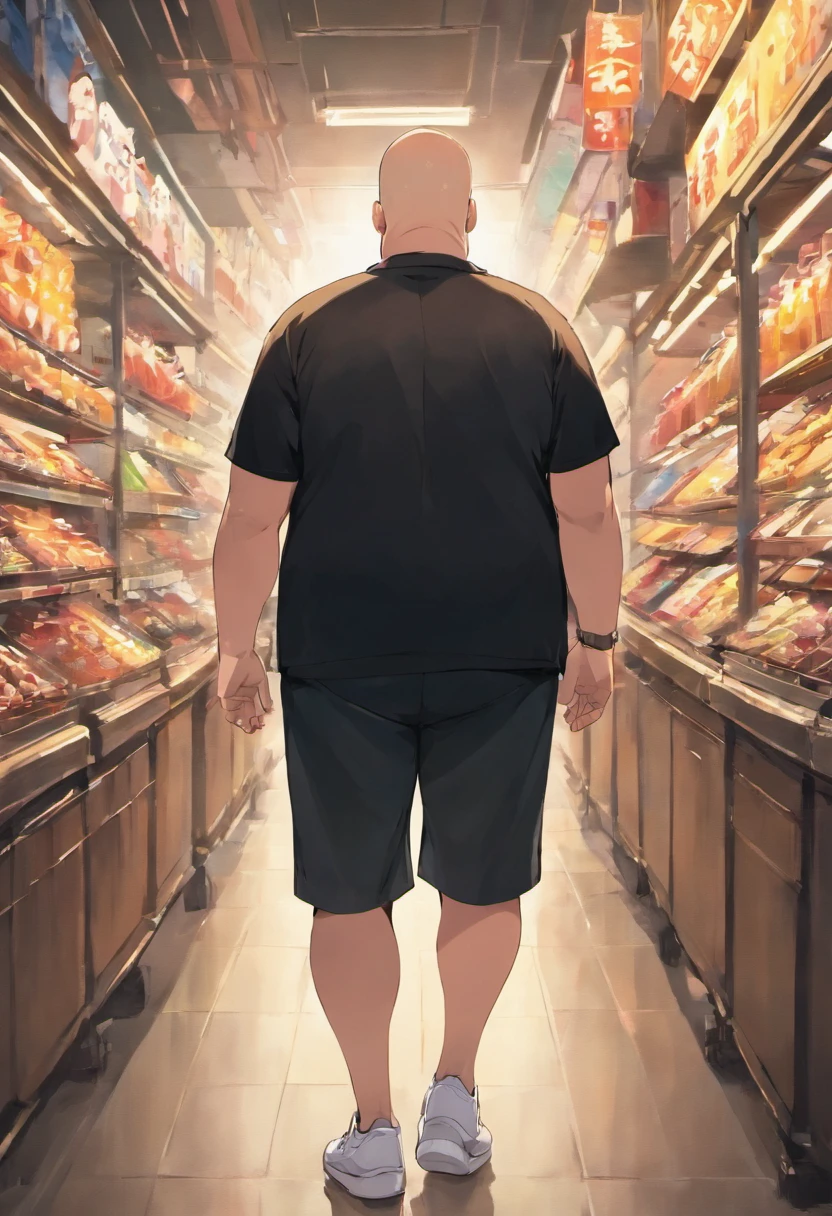 a tall,strong and chubby man,bald,wearing a black t-shirt,black shorts,white sneakers,glasses. walking in Rio de Janeiro.,illustration,ultra-detailed,highres,(realistic:1.37),vivid colors,portraits,hdr,warm tones,soft lighting