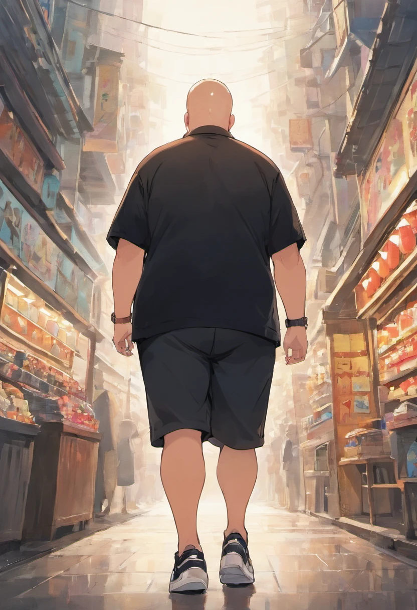 a tall,strong and chubby man,bald,wearing a black t-shirt,black shorts,white sneakers,glasses. walking in Rio de Janeiro.,illustration,ultra-detailed,highres,(realistic:1.37),vivid colors,portraits,hdr,warm tones,soft lighting