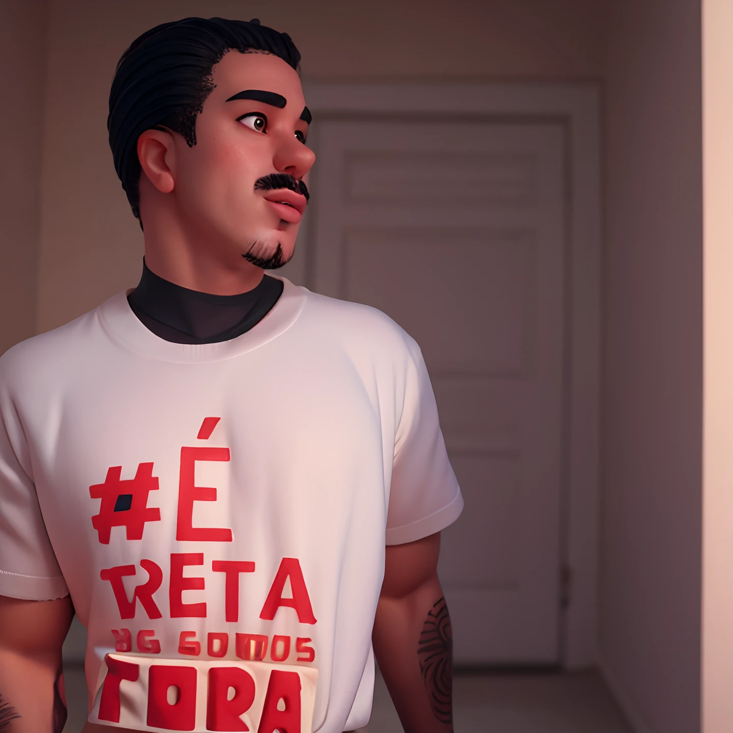 Um homem moreno, com rosto alongado, cabelo curto e preto, thick lips, de 40 anos