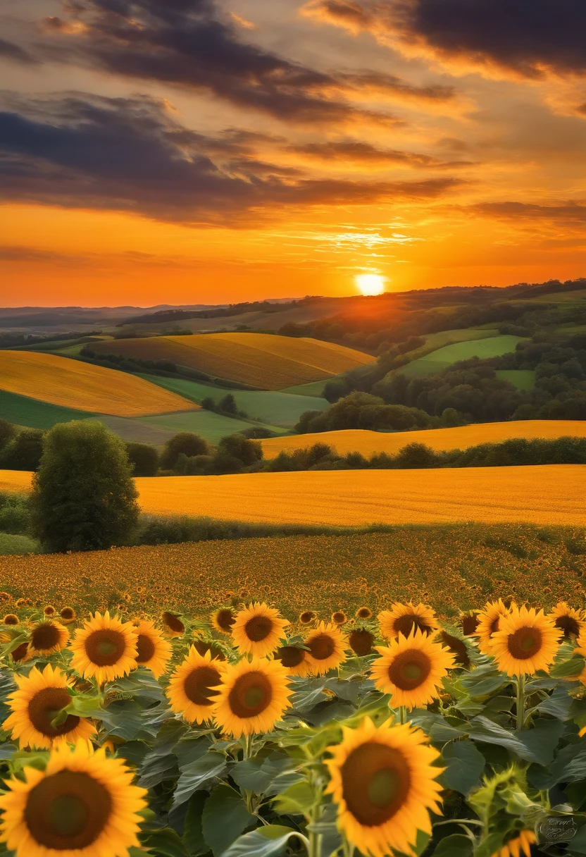 (Golden sunset over a field of sunflowers), (best quality, vivid colors, HDR), (Landscape), (oil painting), (detalhamento ultrafino, Realistic), (Paleta de cores quentes e vibrantes), (soft smooth lighting)